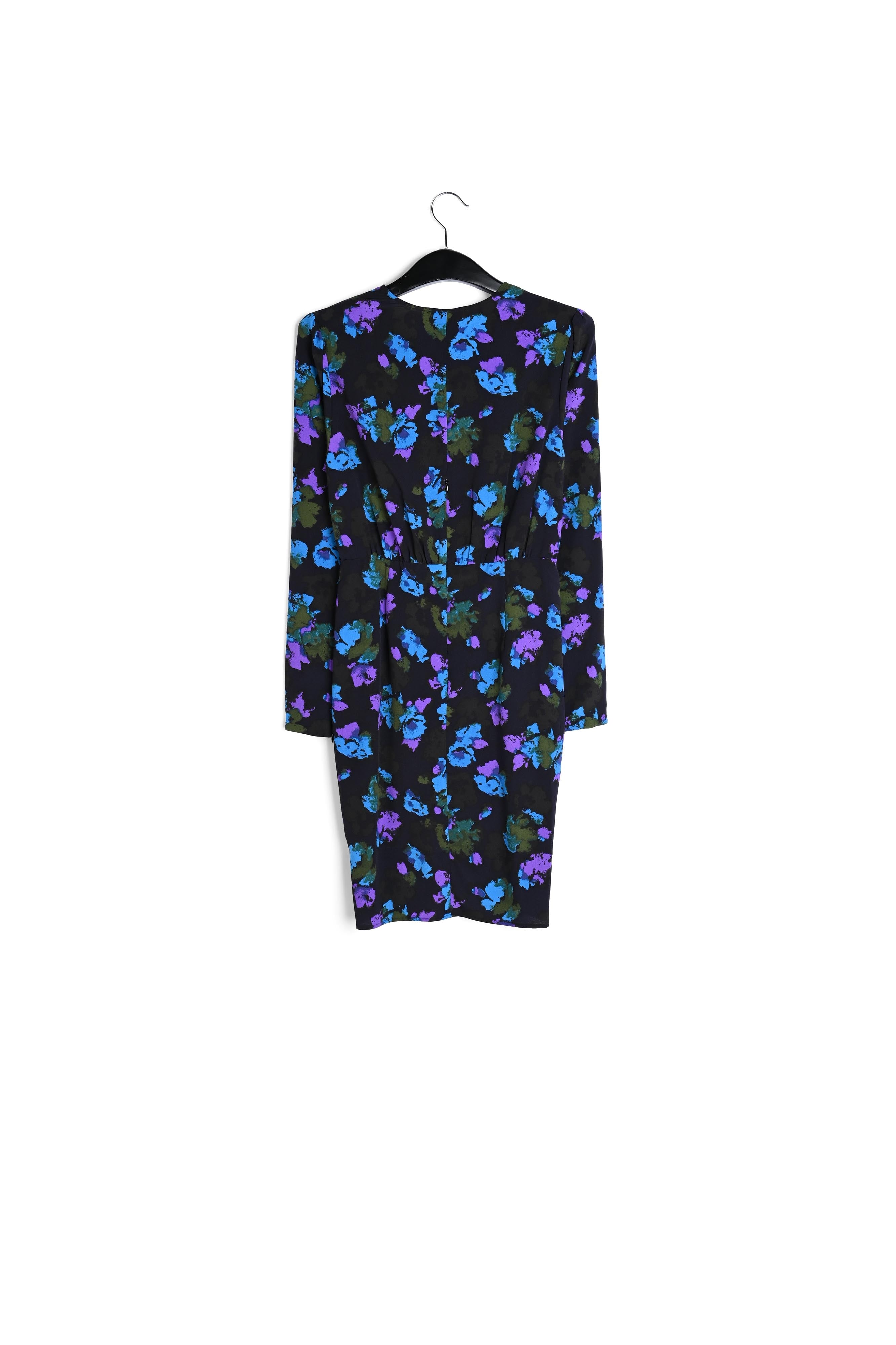 Zwarte en blauwe midi-jurk met wikkeleffect RE—SSENTIEL | Essentiel second hand