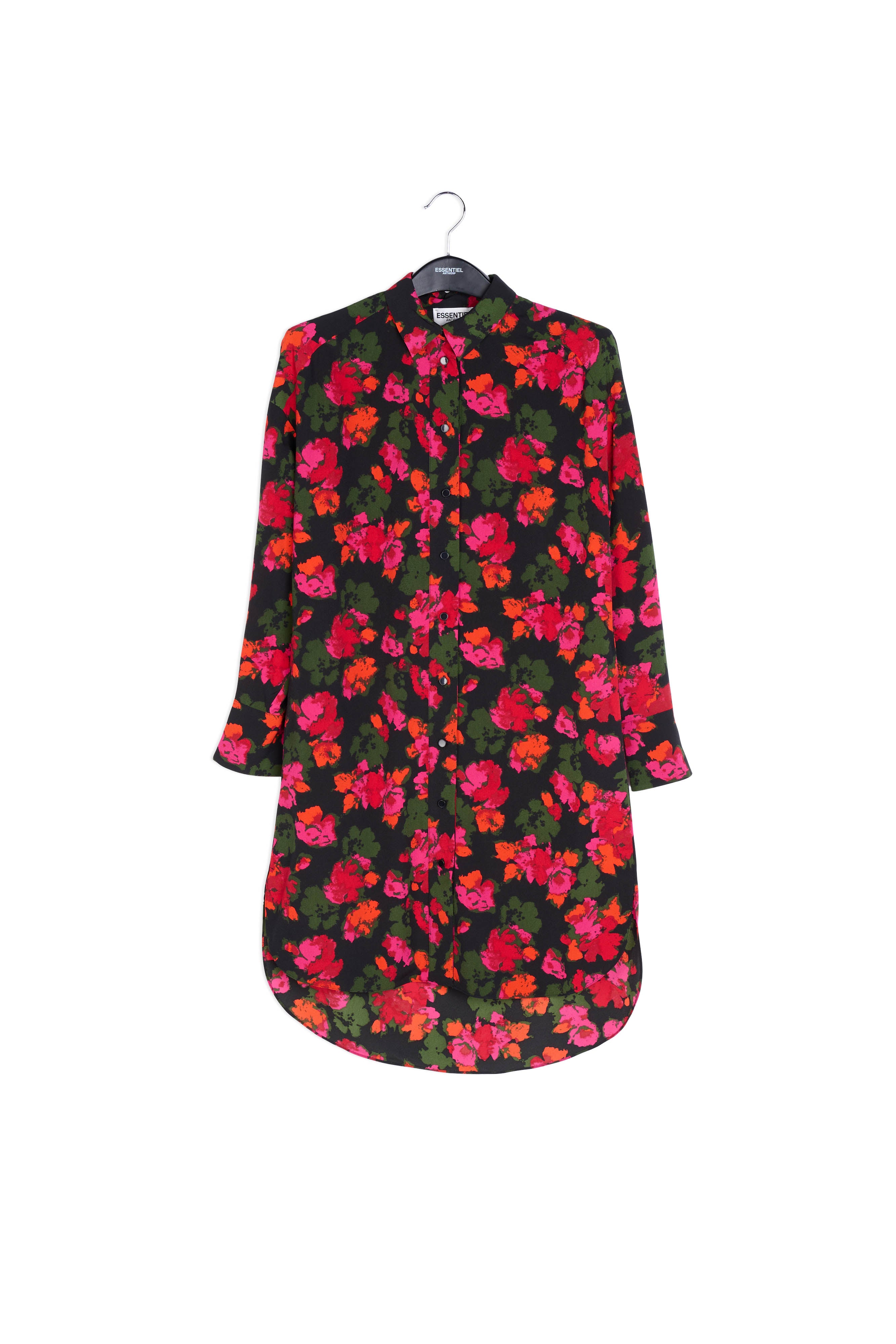 Black and blue floral print midi shirt dress RE—SSENTIEL | Essentiel second hand