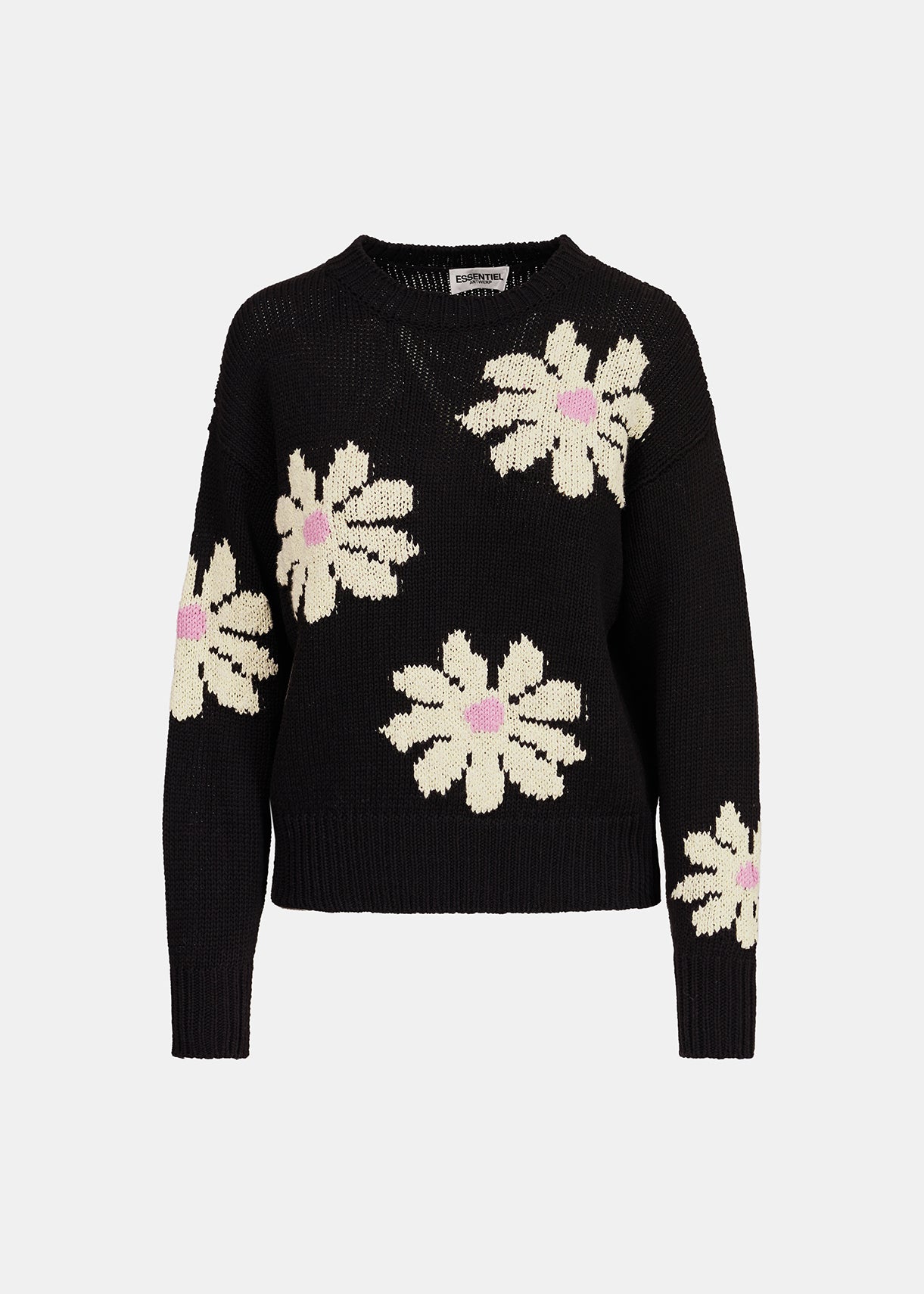 Black and off-white floral intarsia-knitted sweater RE—SSENTIEL | Essentiel second hand
