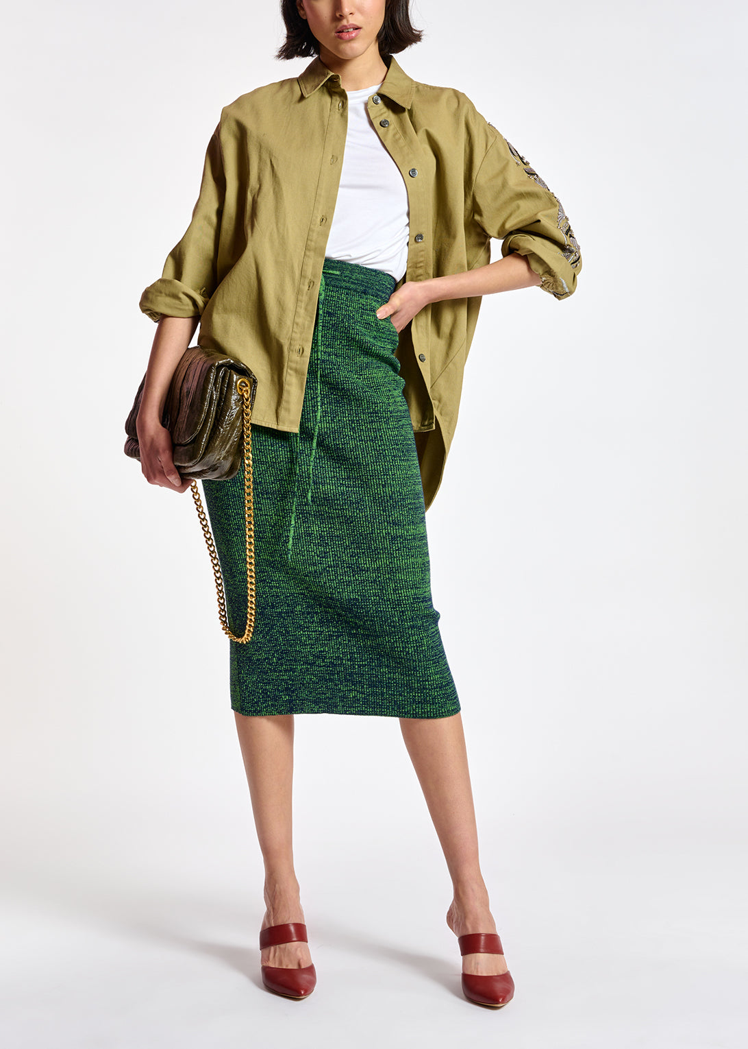 Khaki cotton shirt with bead embroidery RE—SSENTIEL | Essentiel second hand