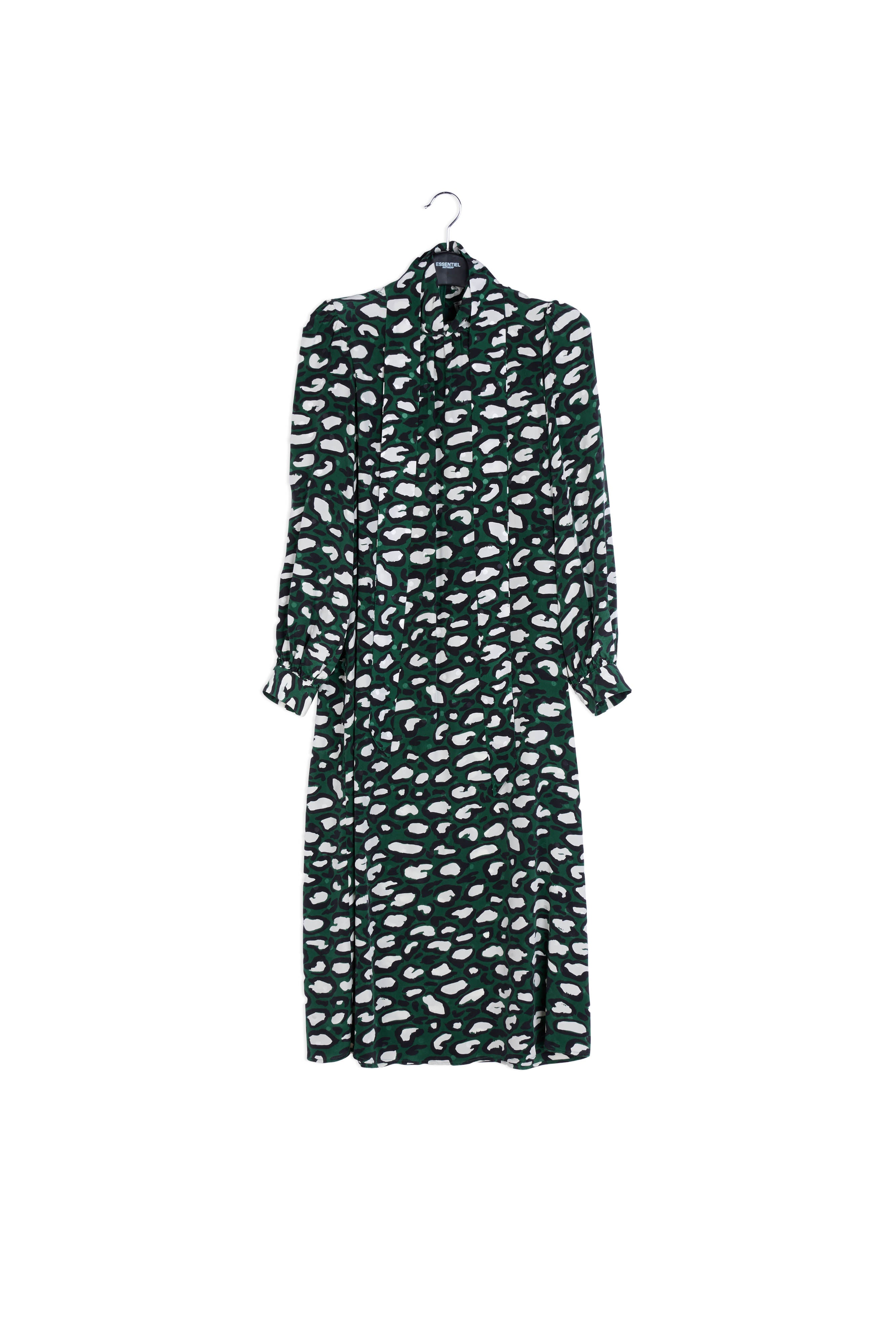 Flesgroene zijden midi-jurk met opstaande kraag en luipaardprint RE—SSENTIEL | Essentiel second hand