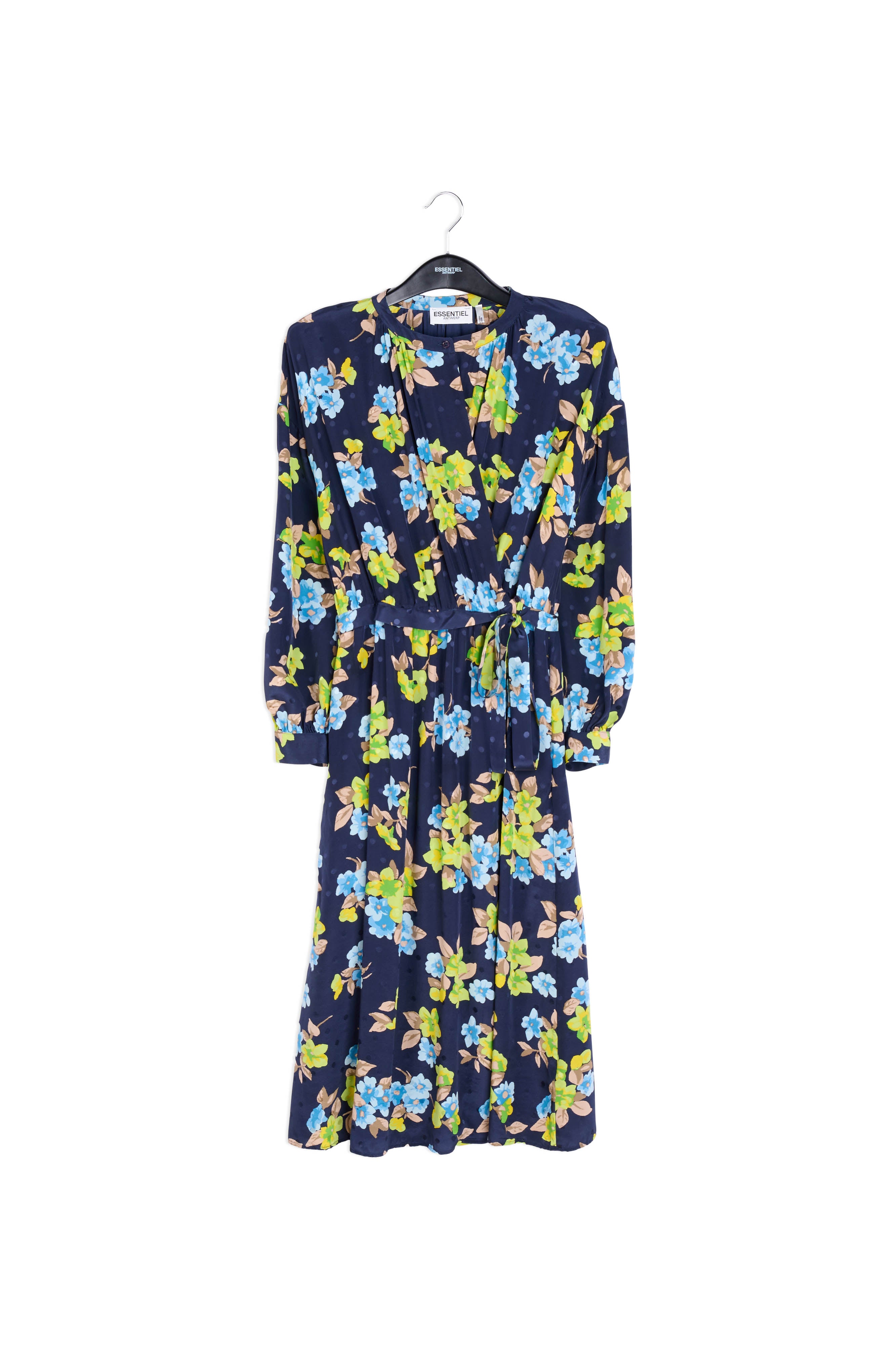 Robe chemise bleu foncé en soie à fleurs et à pois RE—SSENTIEL | Essentiel second hand