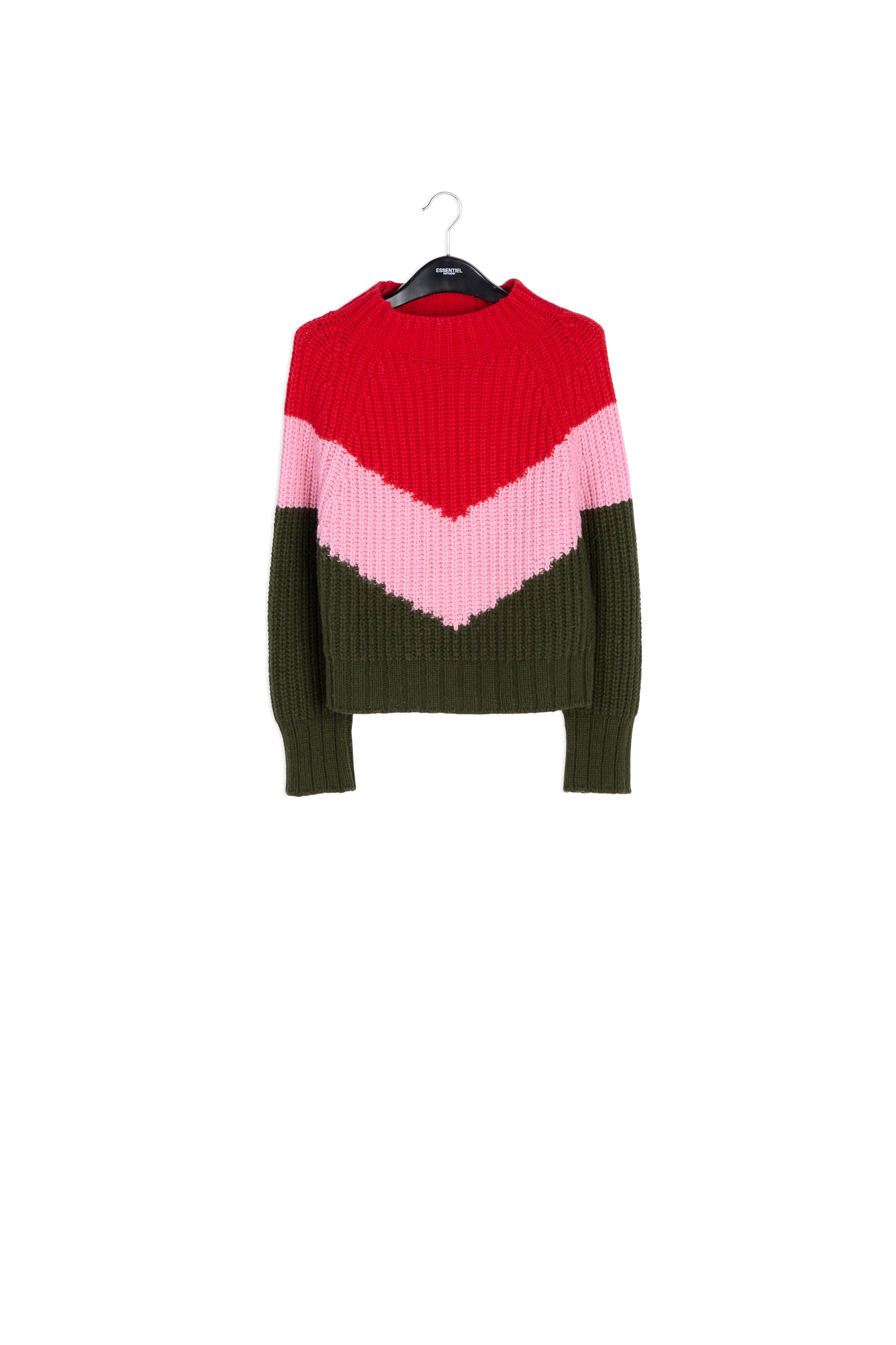 Khaki, pink and red v-panel knitted sweater RE—SSENTIEL | Essentiel second hand