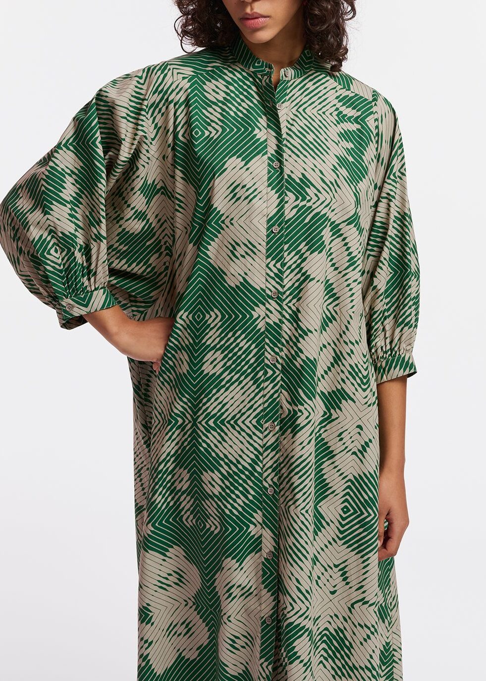 Beige and dark green maxi-length dress with geometric print RE—SSENTIEL | Essentiel second hand