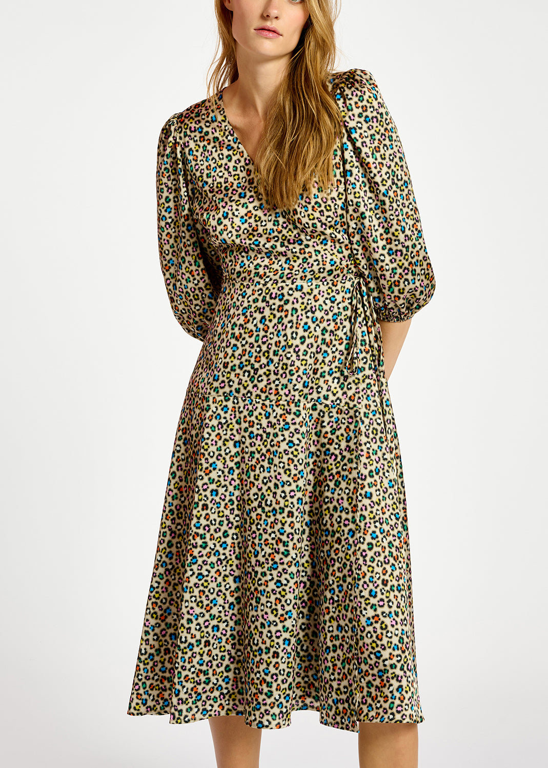 Beige midi-length wrap dress with multicolor leopard print RE—SSENTIEL | Essentiel second hand