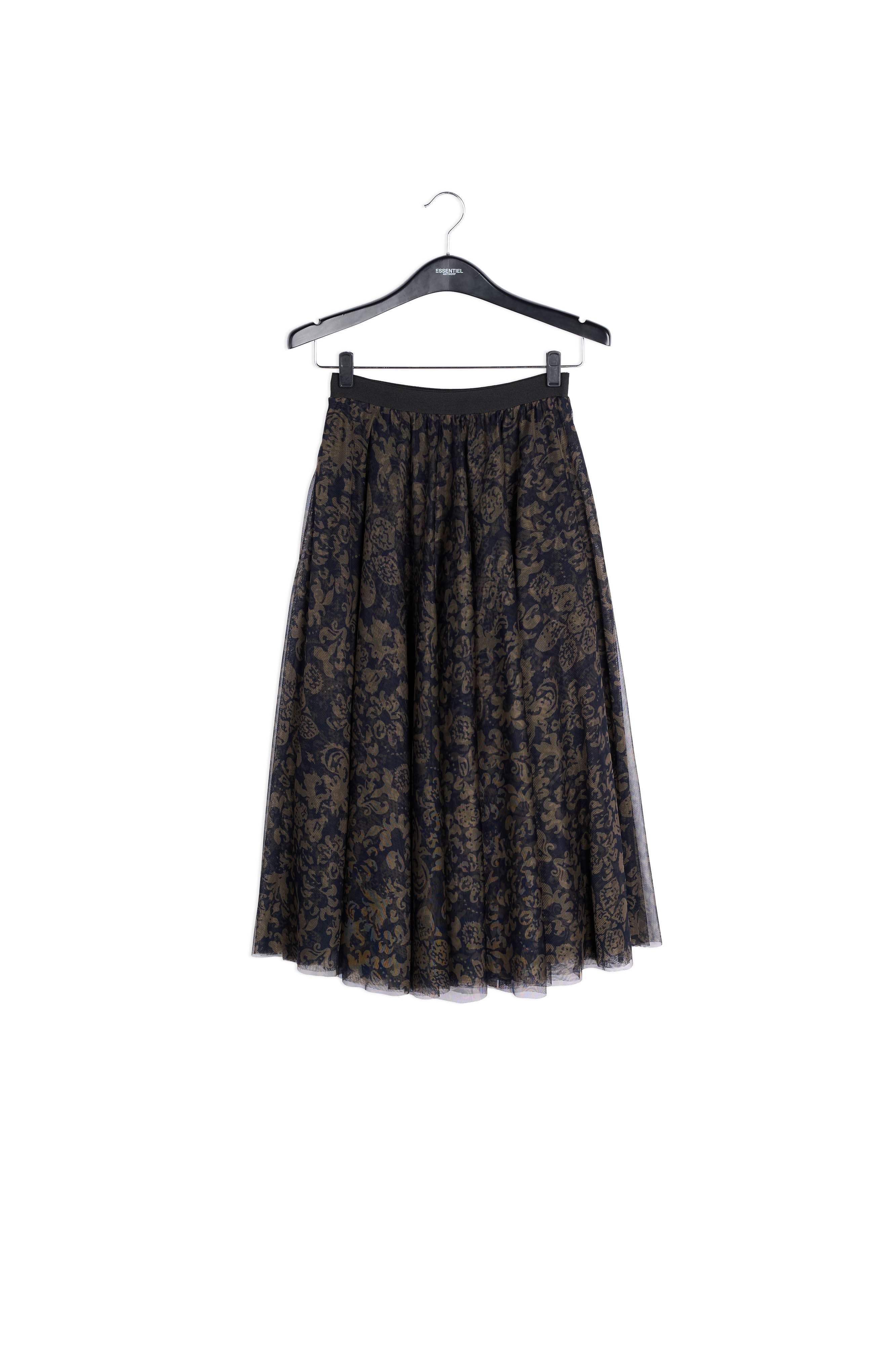 Jupe midi tulle noire et vert kaki à imprimé brocart RE—SSENTIEL | Essentiel second hand