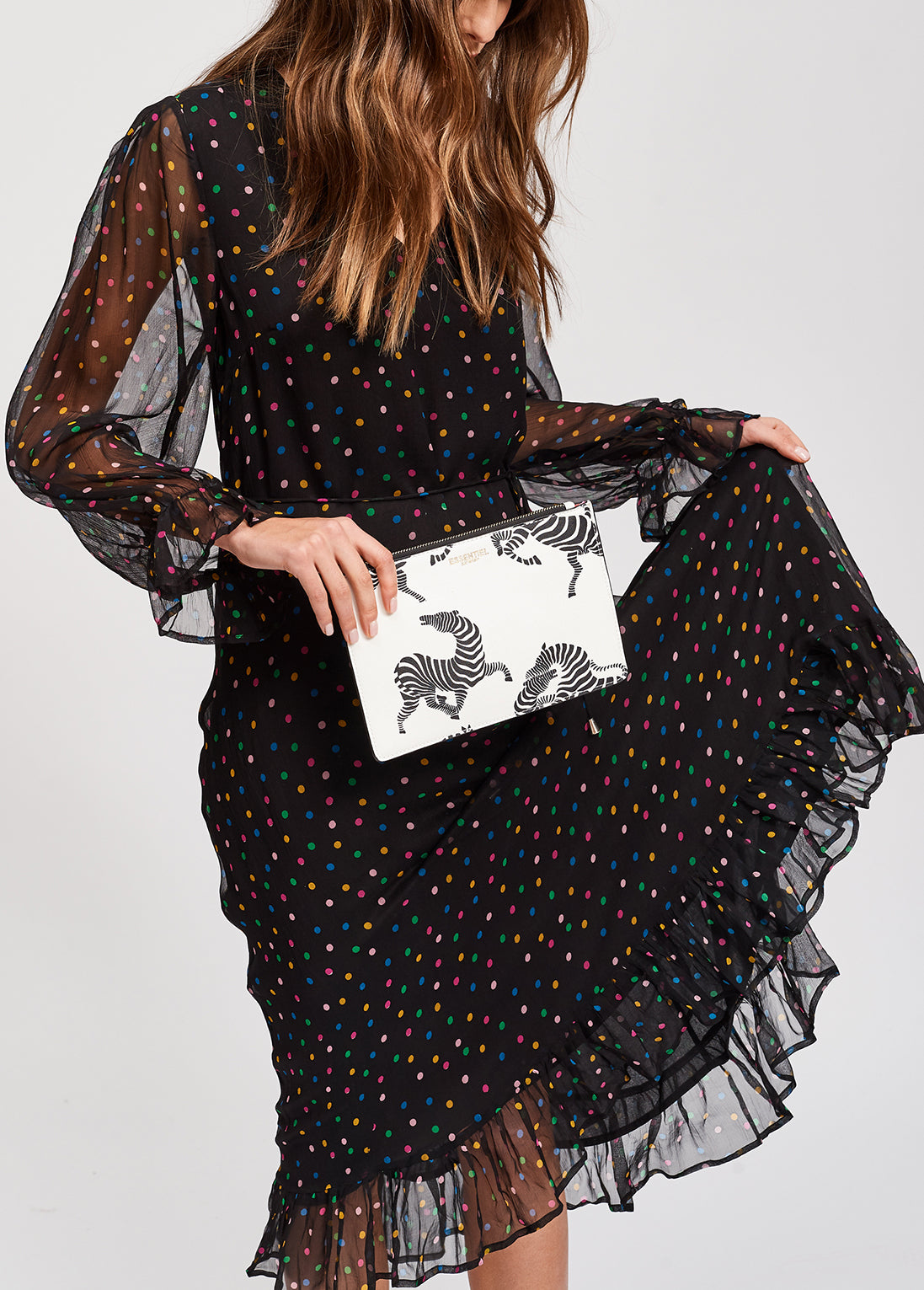 Black polka dot maxi dress with frilled hem RE—SSENTIEL | Essentiel second hand
