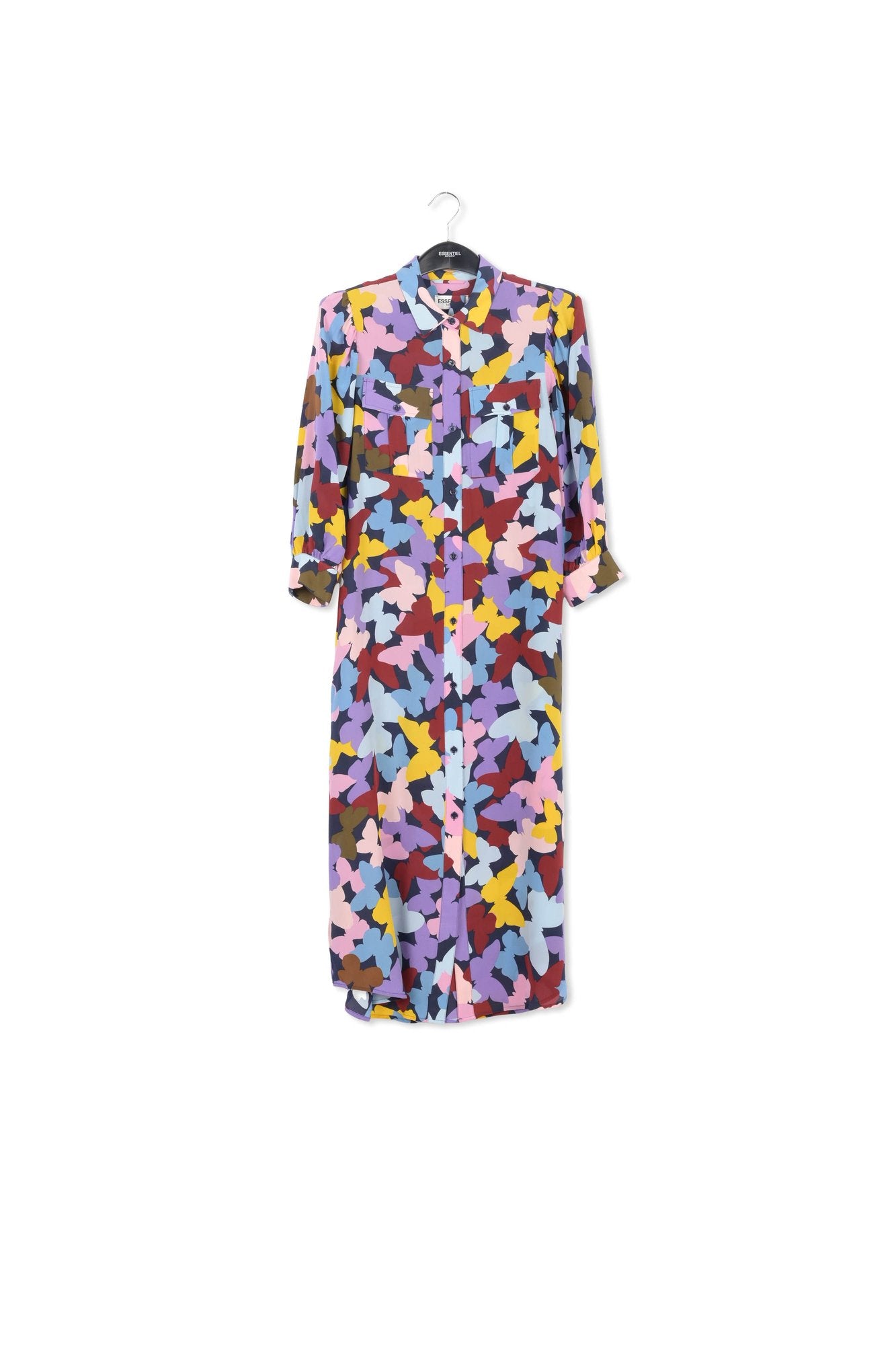 Silk burgundy, lilac and blue butterfly-print midi dress RE—SSENTIEL | Essentiel second hand