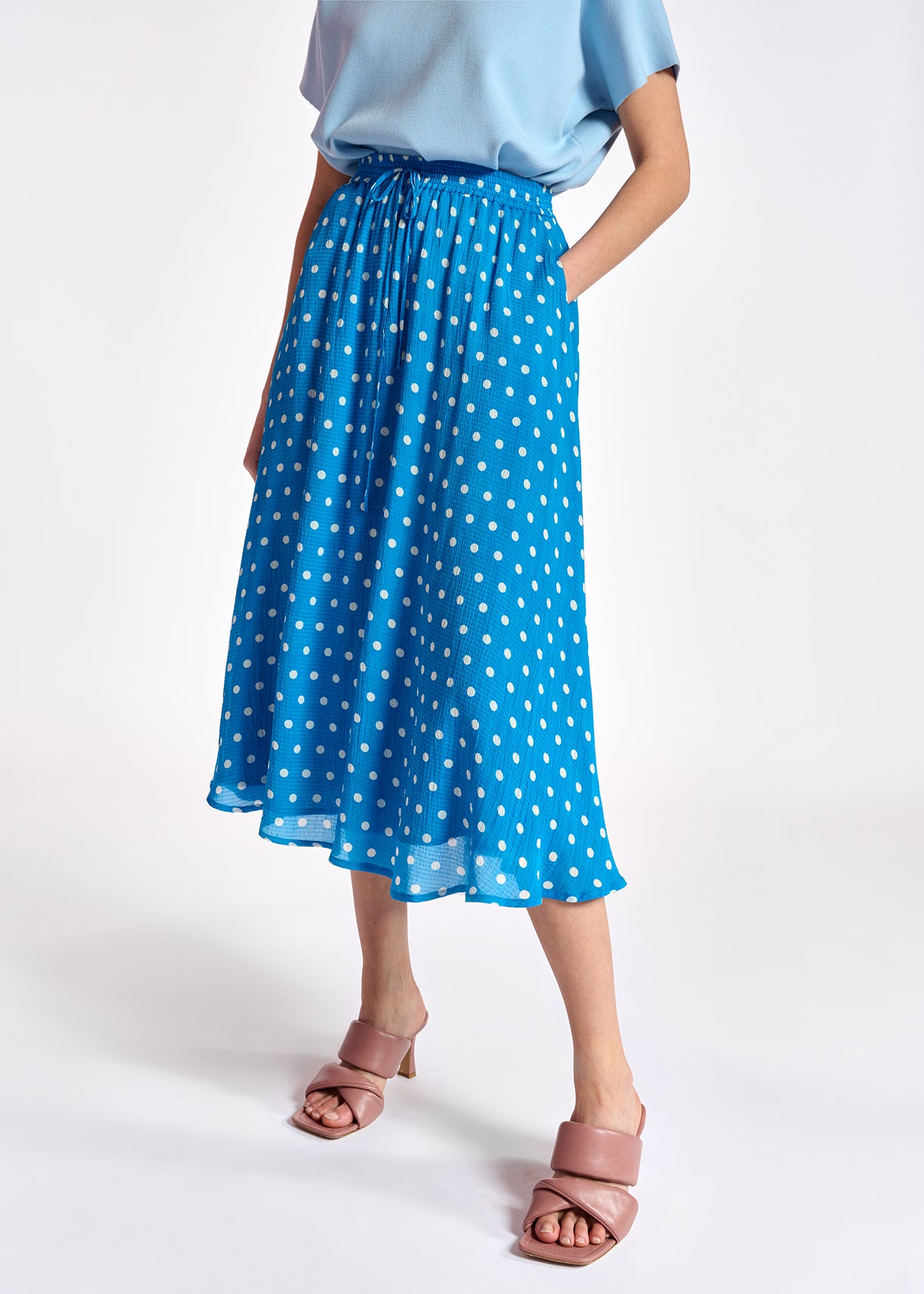 Jupe midi bleue à pois blancs RE—SSENTIEL | Essentiel second hand