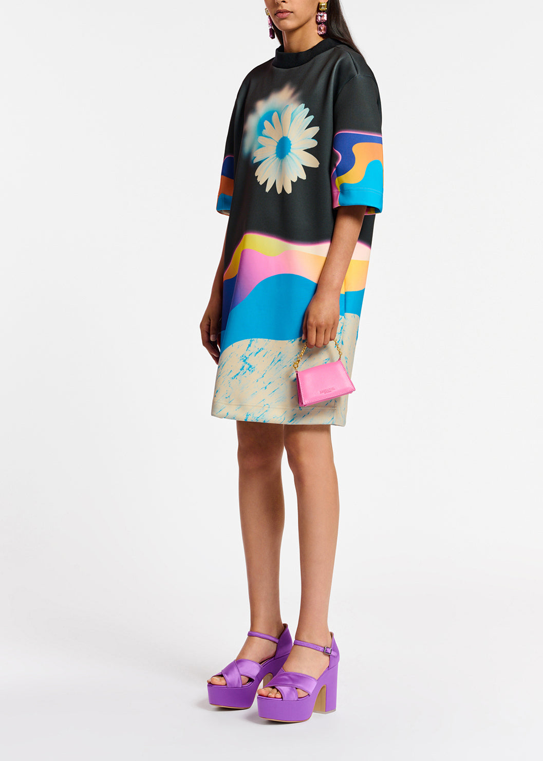 Black knee-length dress with multicolor print RE—SSENTIEL | Essentiel second hand