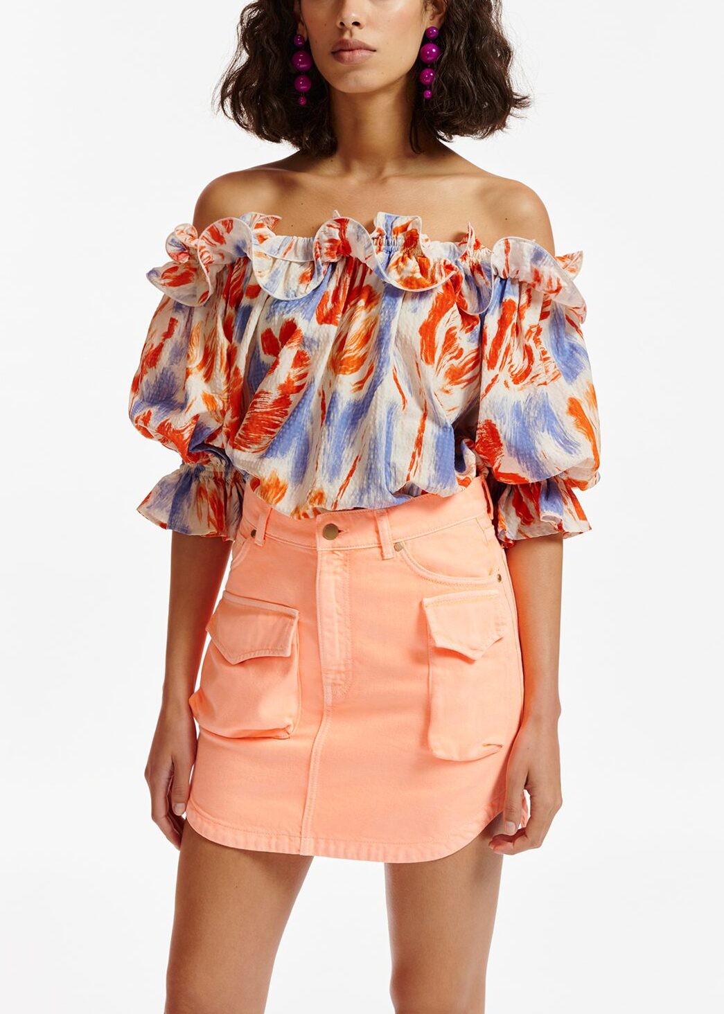 Light blue and orange floral print off-the-shoulder top RE—SSENTIEL | Essentiel second hand