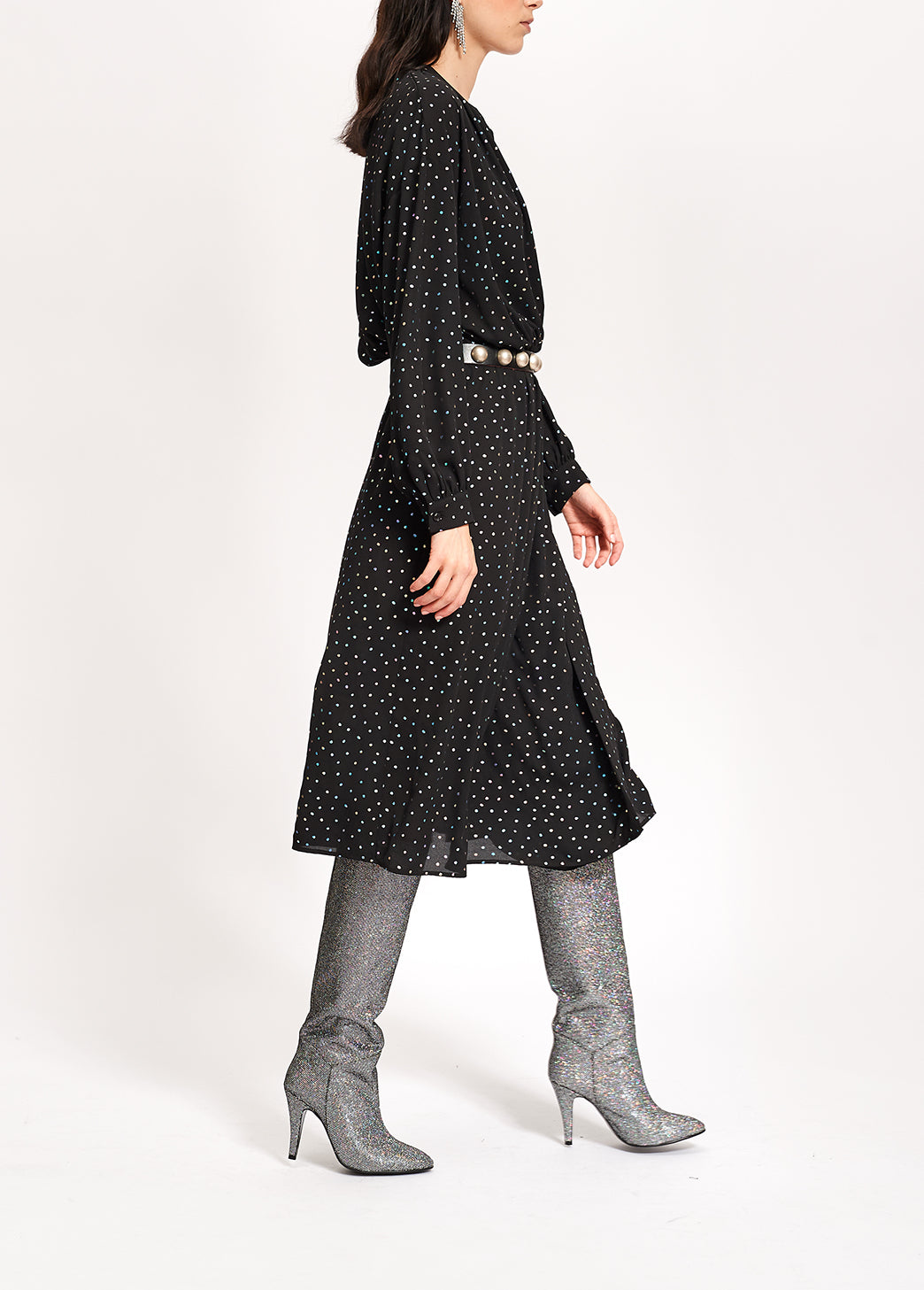 Black belted midi dress with holographic polka dots RE—SSENTIEL | Essentiel second hand