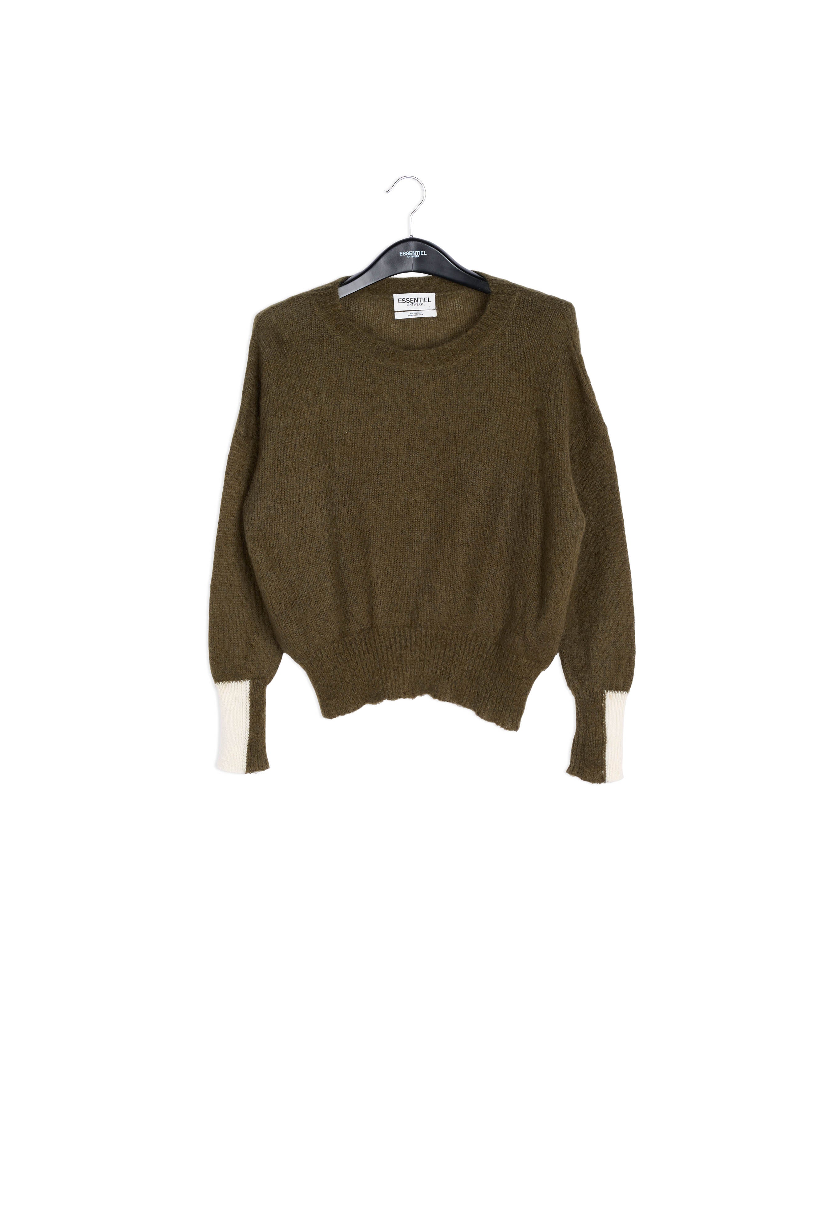 Khaki green light knit sweater with contrasting cuffs RE—SSENTIEL | Essentiel second hand
