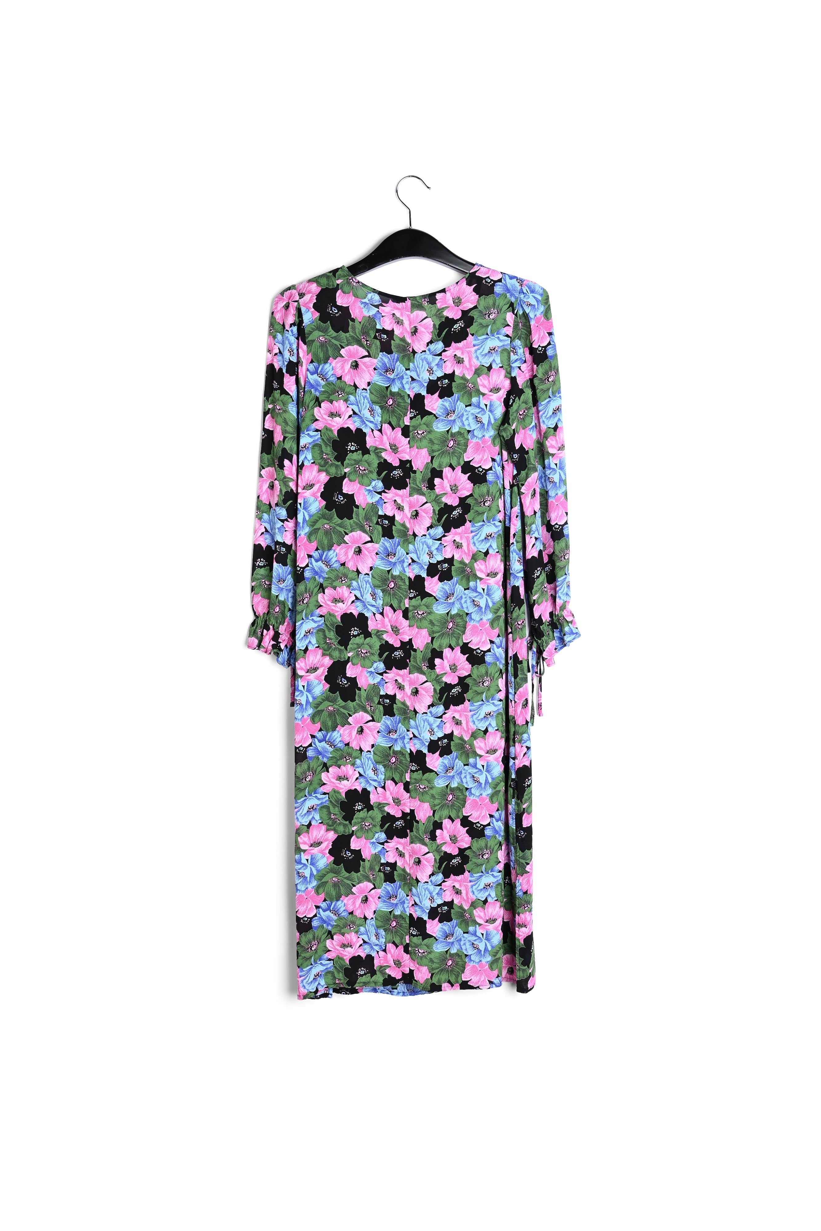 Midi-jurk met riem en roze, lichtblauwe en flesgroene bloemenprint RE—SSENTIEL | Essentiel second hand