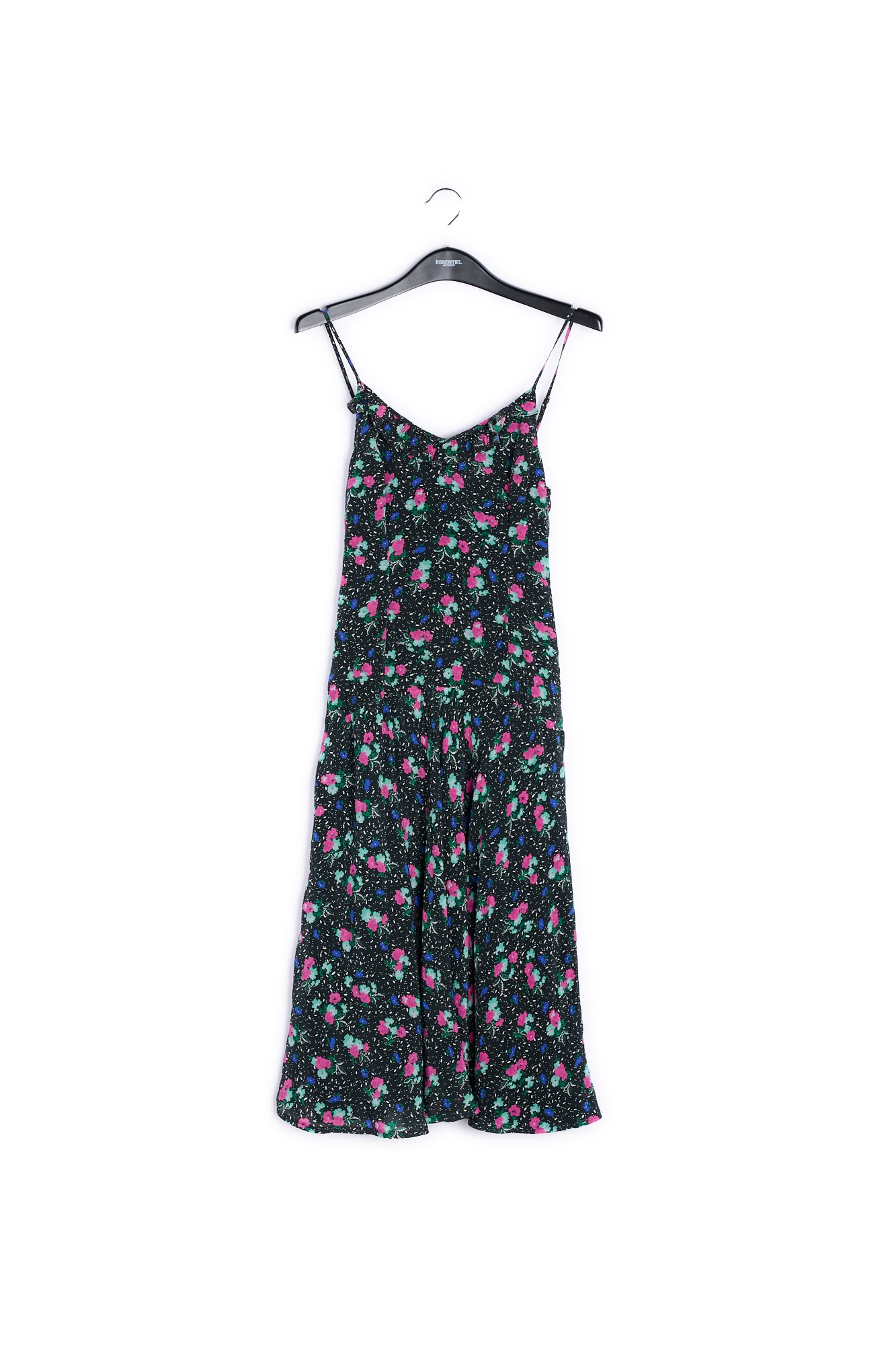 Zwarte midi-jurk met bloemen en v-hals RE—SSENTIEL | Essentiel second hand