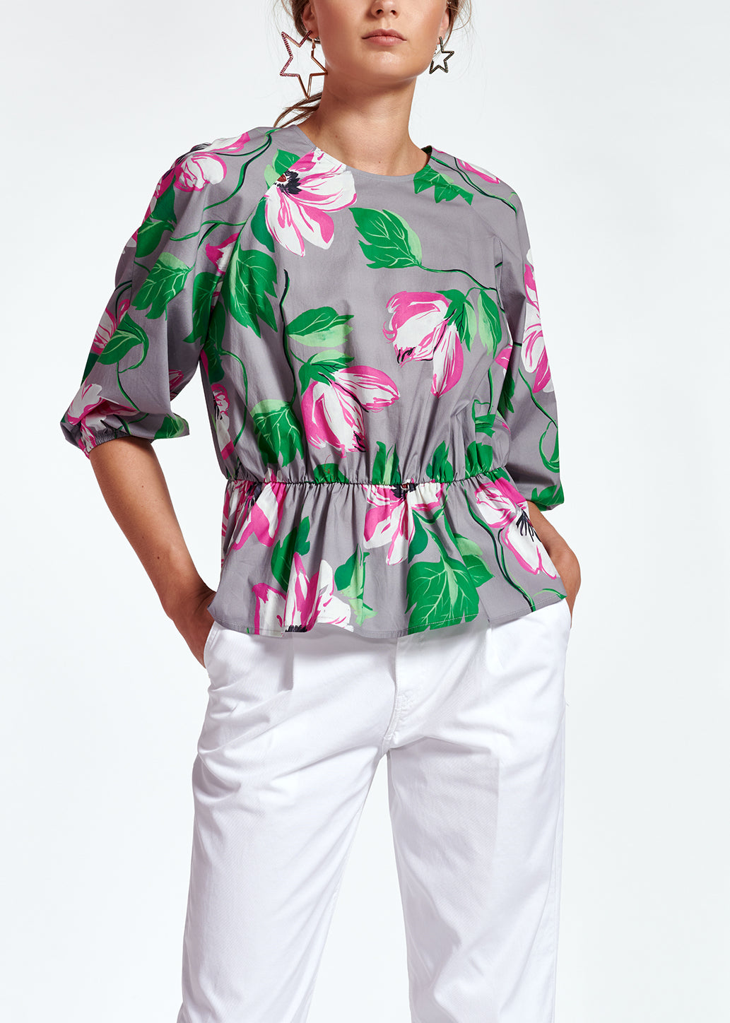 Grijze peplumtop van popeline met bloemen RE—SSENTIEL | Essentiel second hand