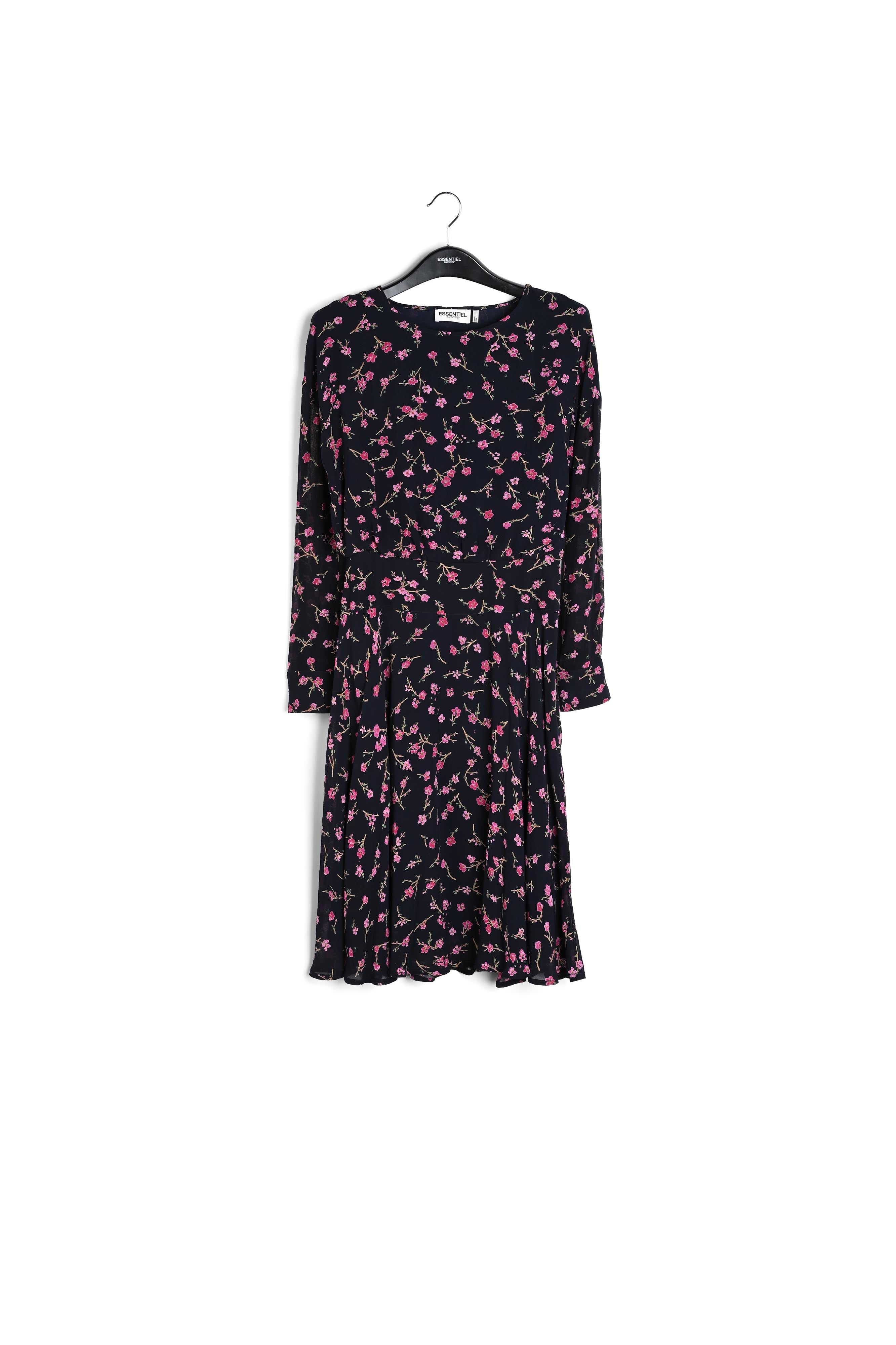 Donkerblauwe jurk met kersenbloesemprint RE—SSENTIEL | Essentiel second hand