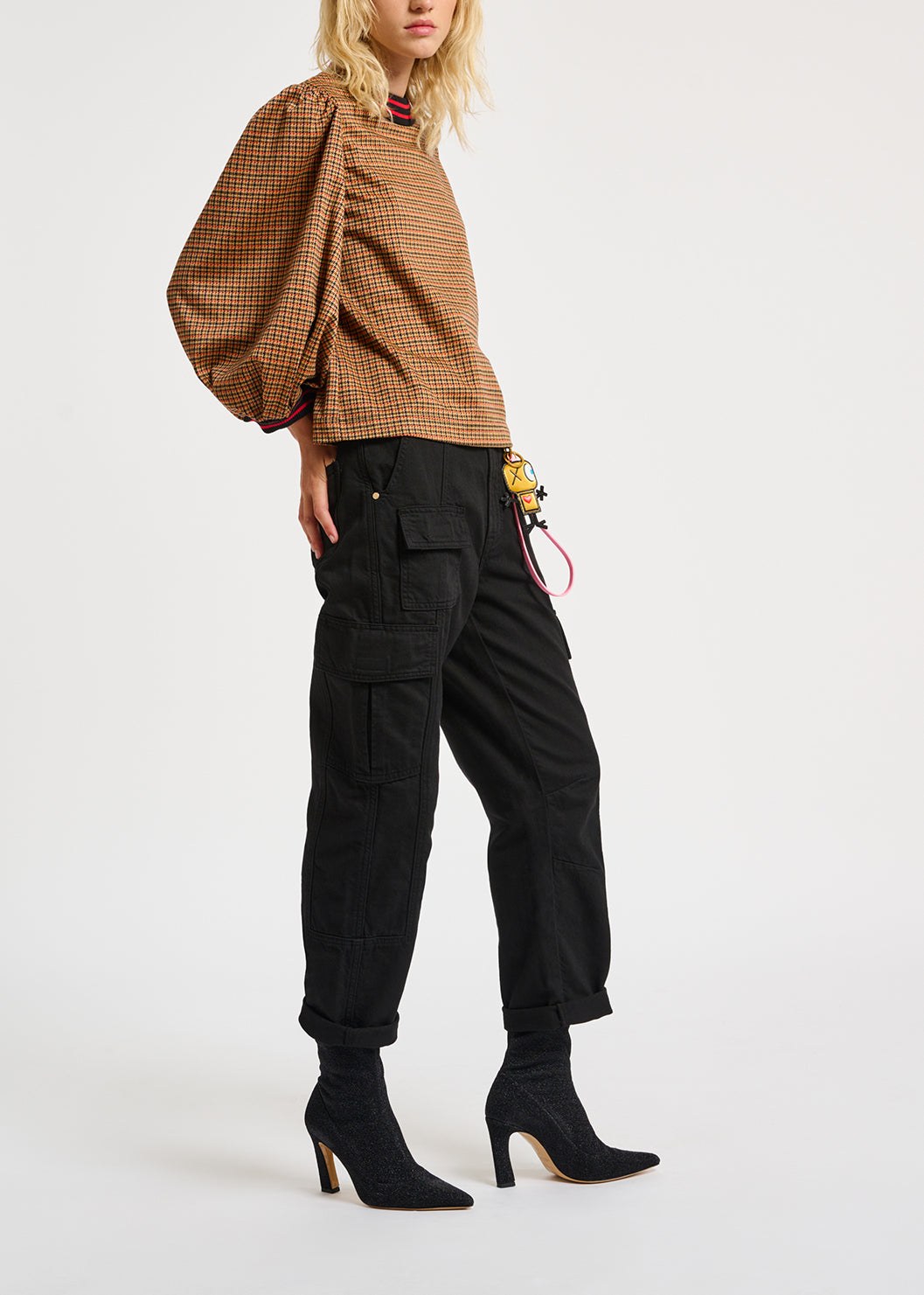 Off-white and orange houndstooth motif puffed-sleeves top RE—SSENTIEL | Essentiel second hand