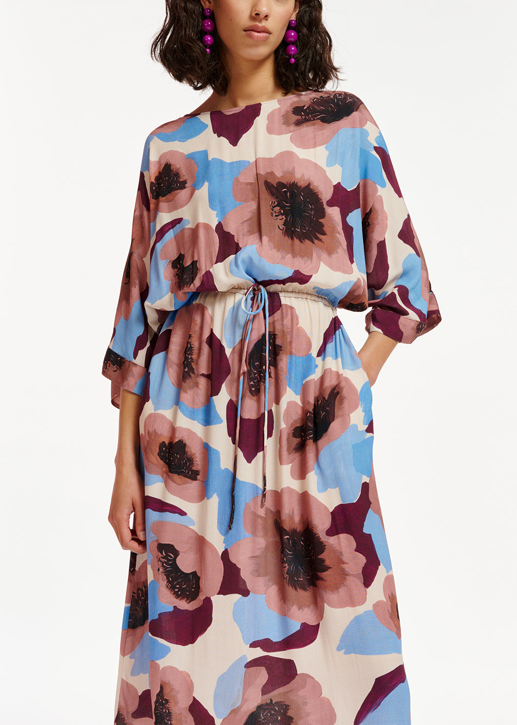 Mauve, burgundy and blue midi-length dress with floral print RE—SSENTIEL | Essentiel second hand