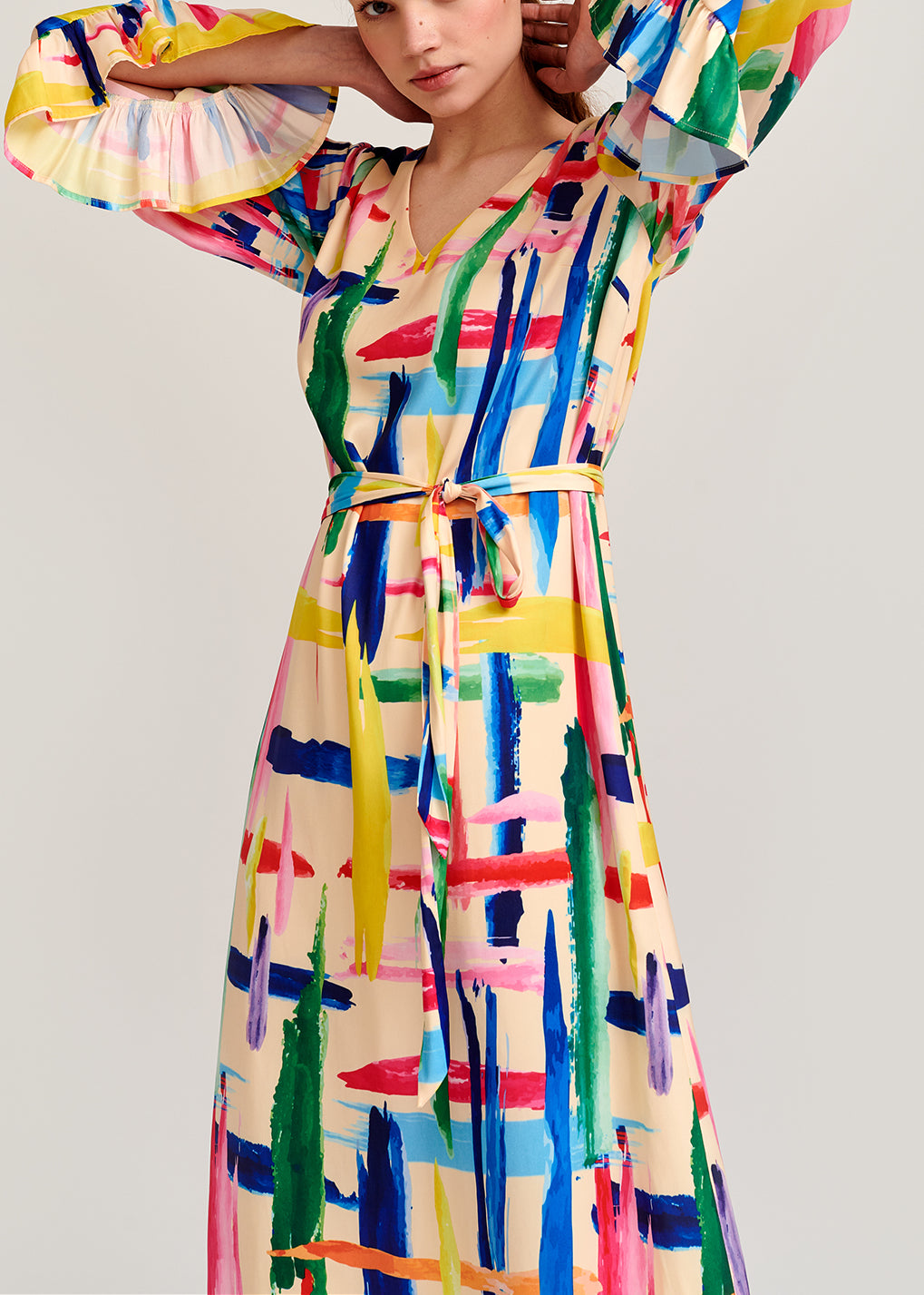 Multicolored graphic striped belted midi dress RE—SSENTIEL | Essentiel second hand
