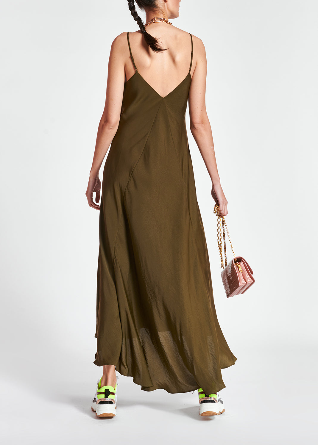 Khaki green maxi-length slip dress RE—SSENTIEL | Essentiel second hand