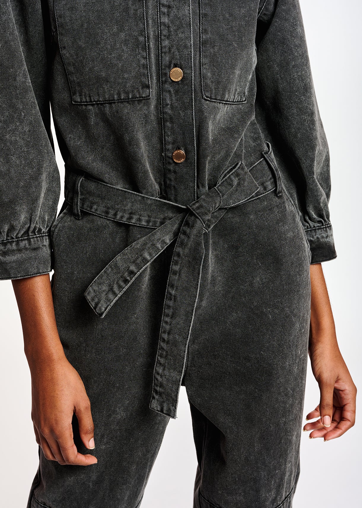 Dark grey belted denim jumpsuit RE—SSENTIEL | Essentiel second hand