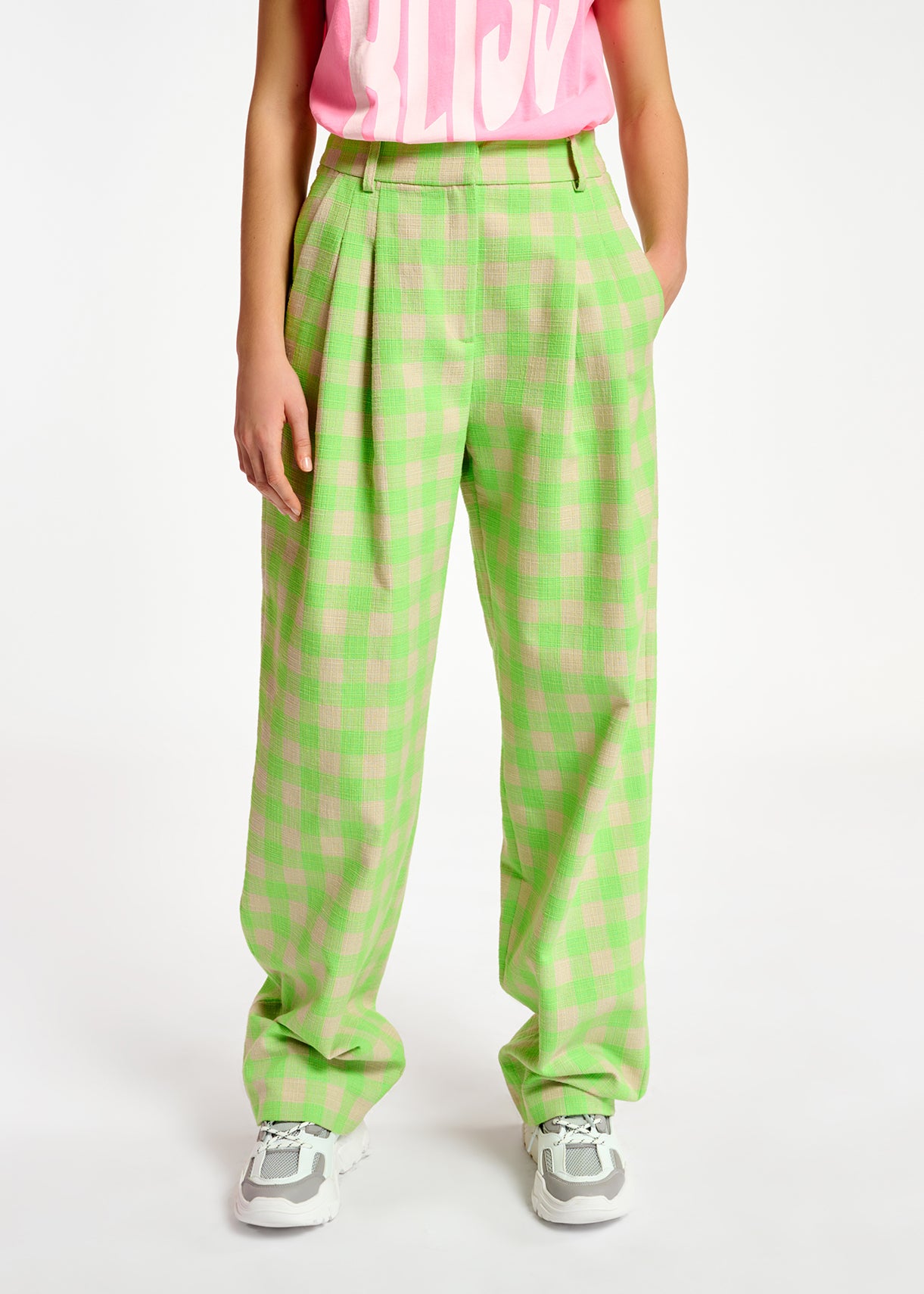 Pantalon vert fluo à  carreaux RE—SSENTIEL | Essentiel second hand