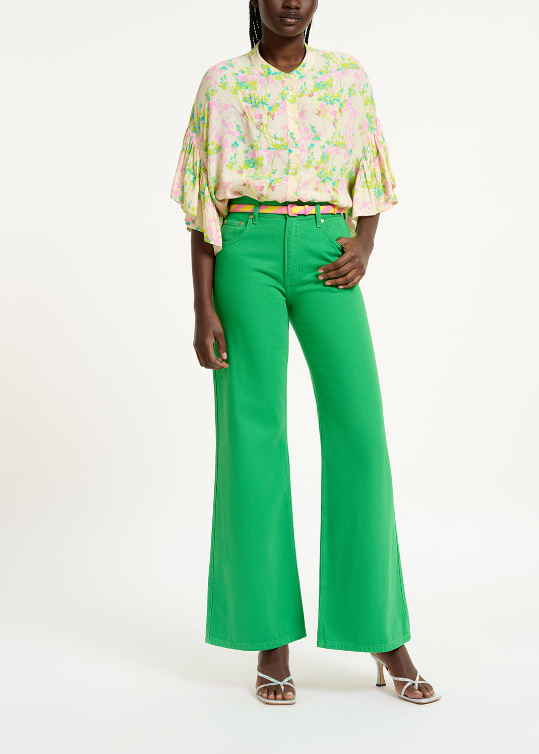 Ecru, pink and lime green floral print shirt RE—SSENTIEL | Essentiel second hand