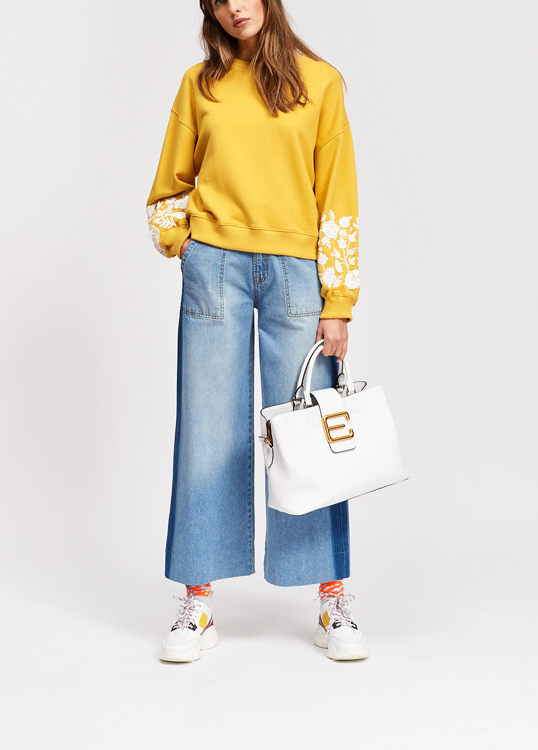 Yellow sweatshirt with white floral embroidery RE—SSENTIEL | Essentiel second hand
