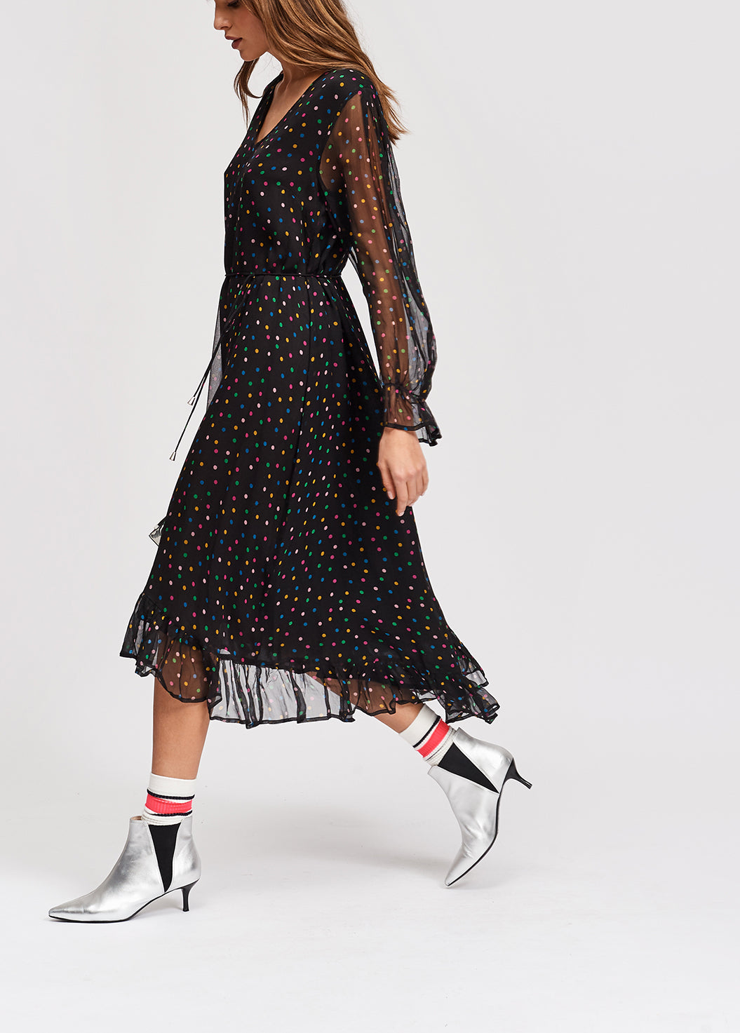 Black polka dot maxi dress with frilled hem RE—SSENTIEL | Essentiel second hand