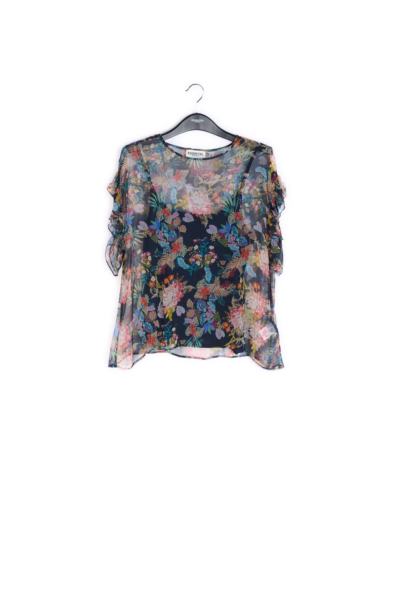 Dark blue top with flounced sleeves RE—SSENTIEL | Essentiel second hand