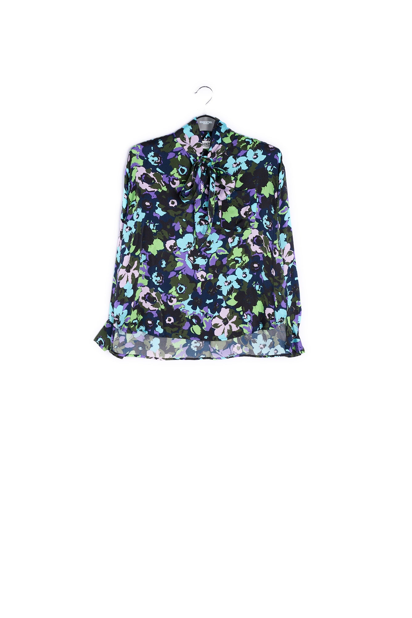 Turquoise multifloral silk bowtie shirt RE—SSENTIEL | Essentiel second hand