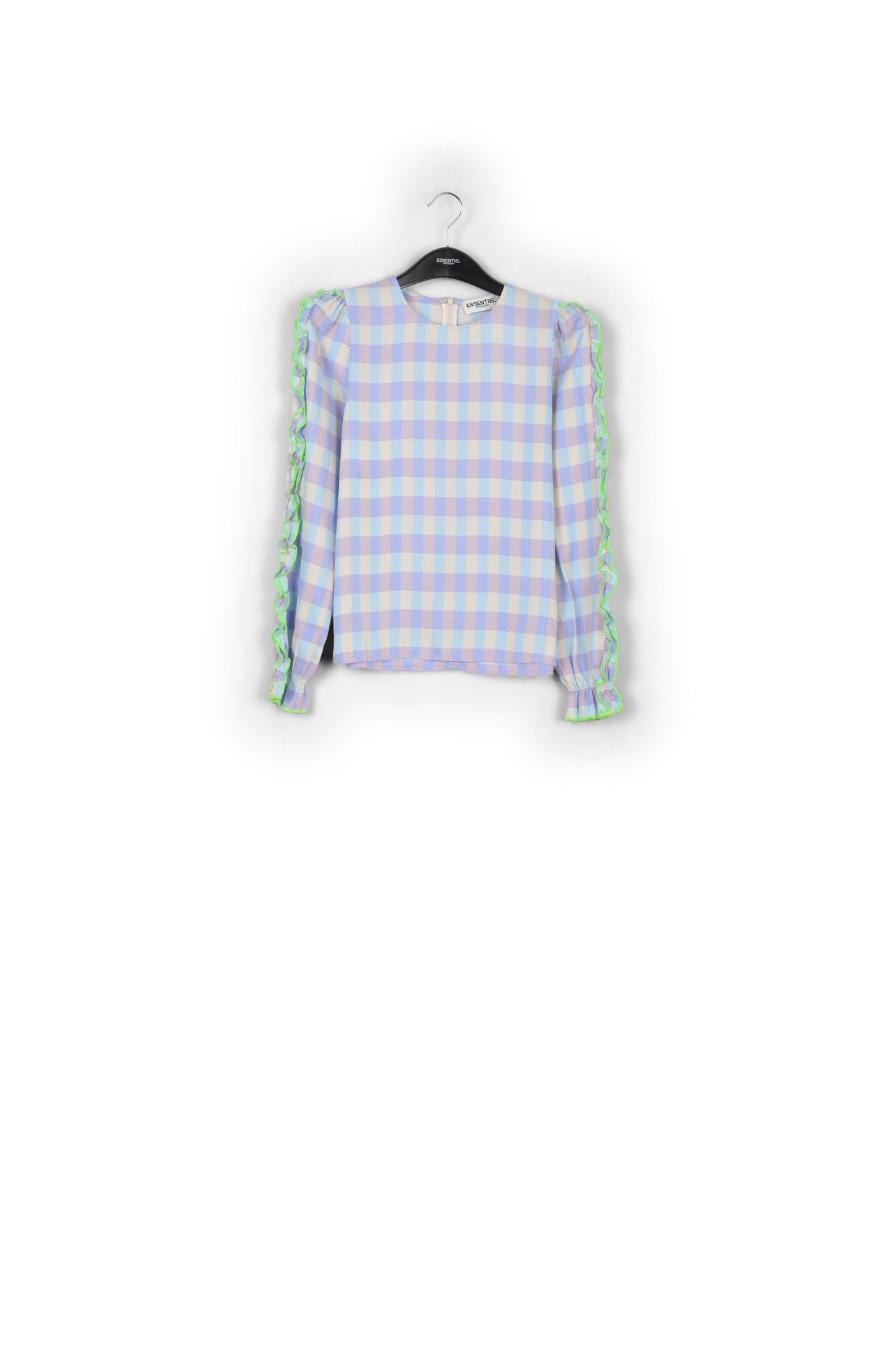Light blue and purple checked top with ruffled sleeves RE—SSENTIEL | Essentiel second hand