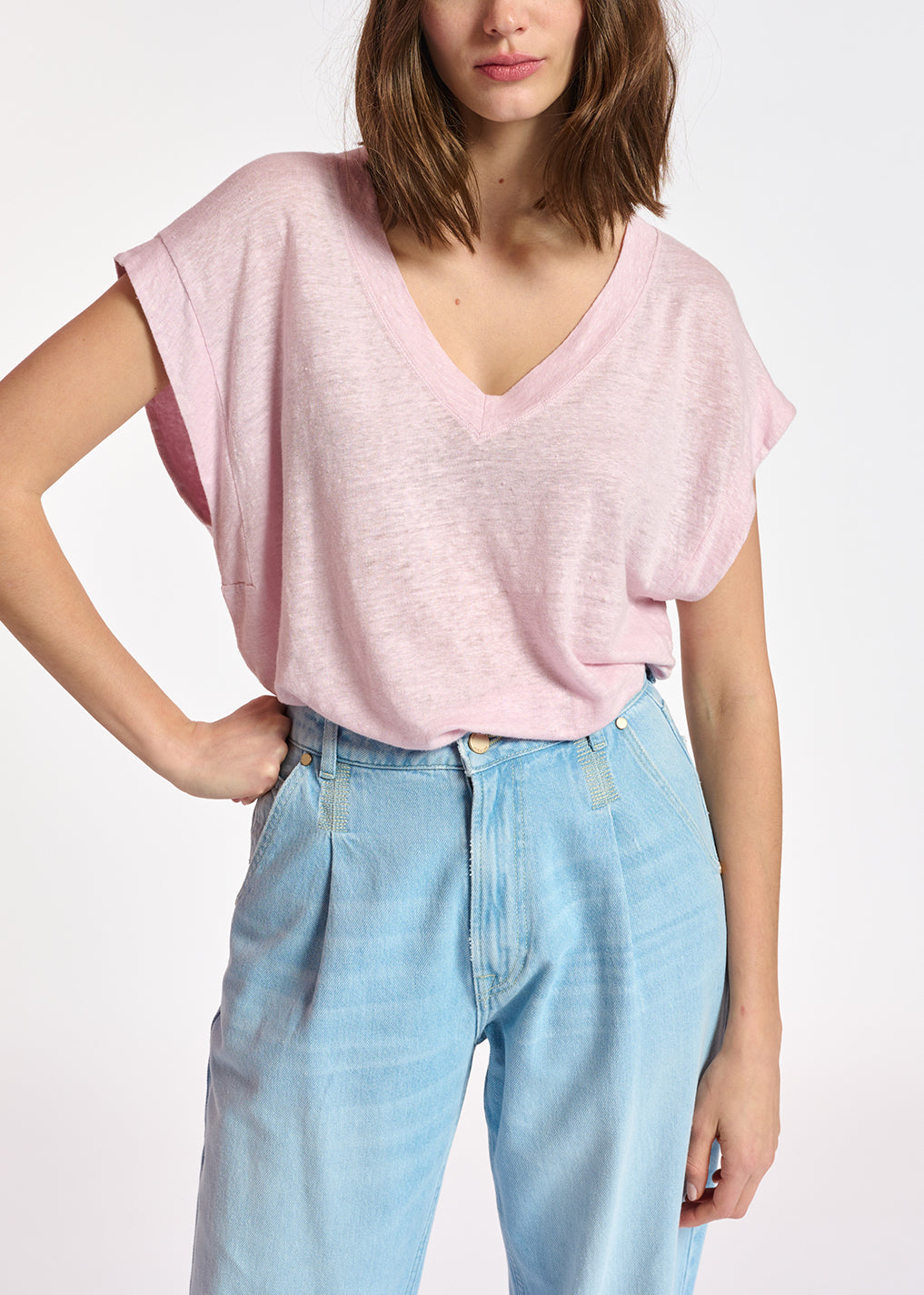 Lilac linen v-neck t-shirt RE—SSENTIEL | Essentiel second hand