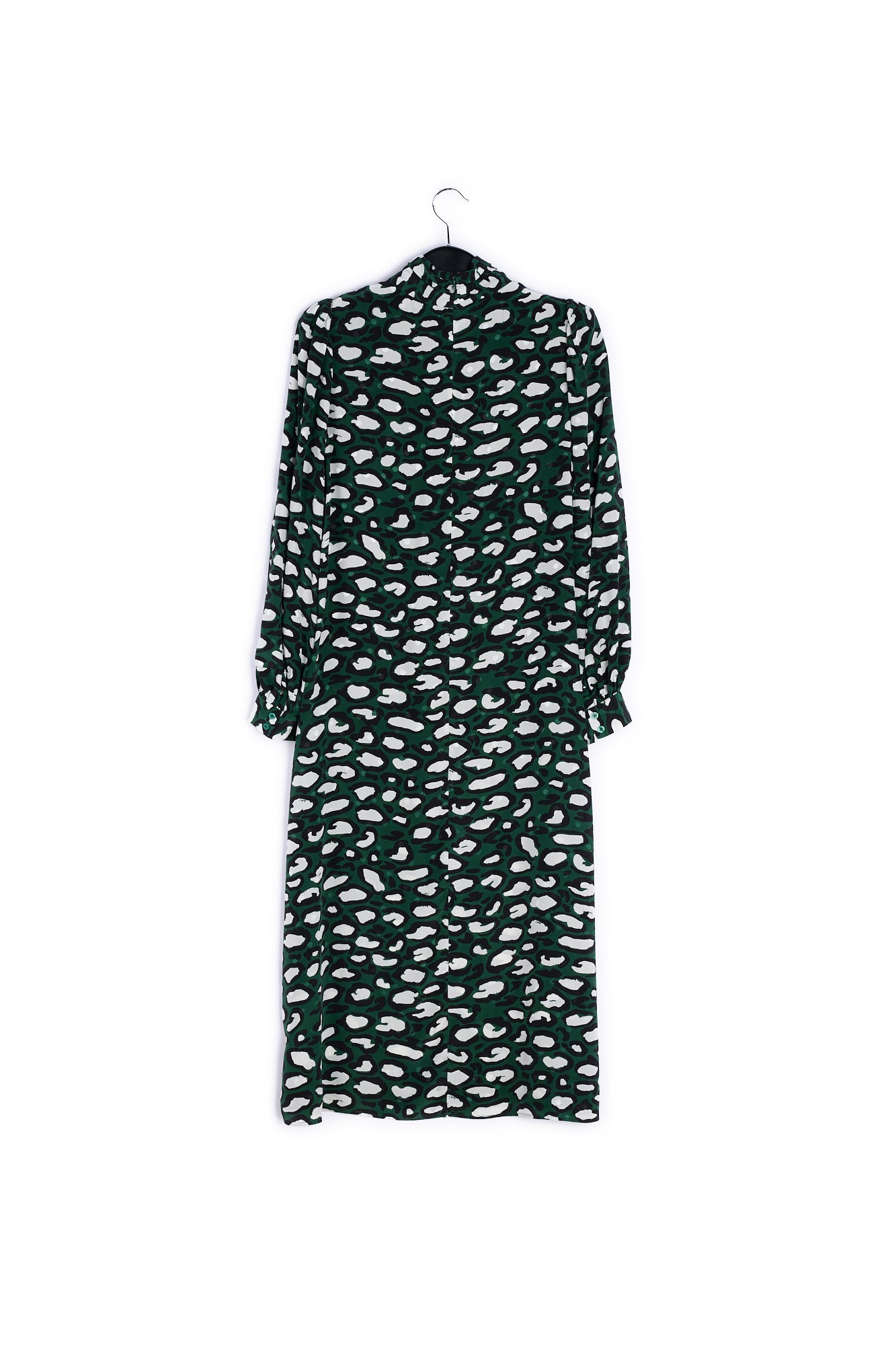 Flesgroene zijden midi-jurk met opstaande kraag en luipaardprint RE—SSENTIEL | Essentiel second hand