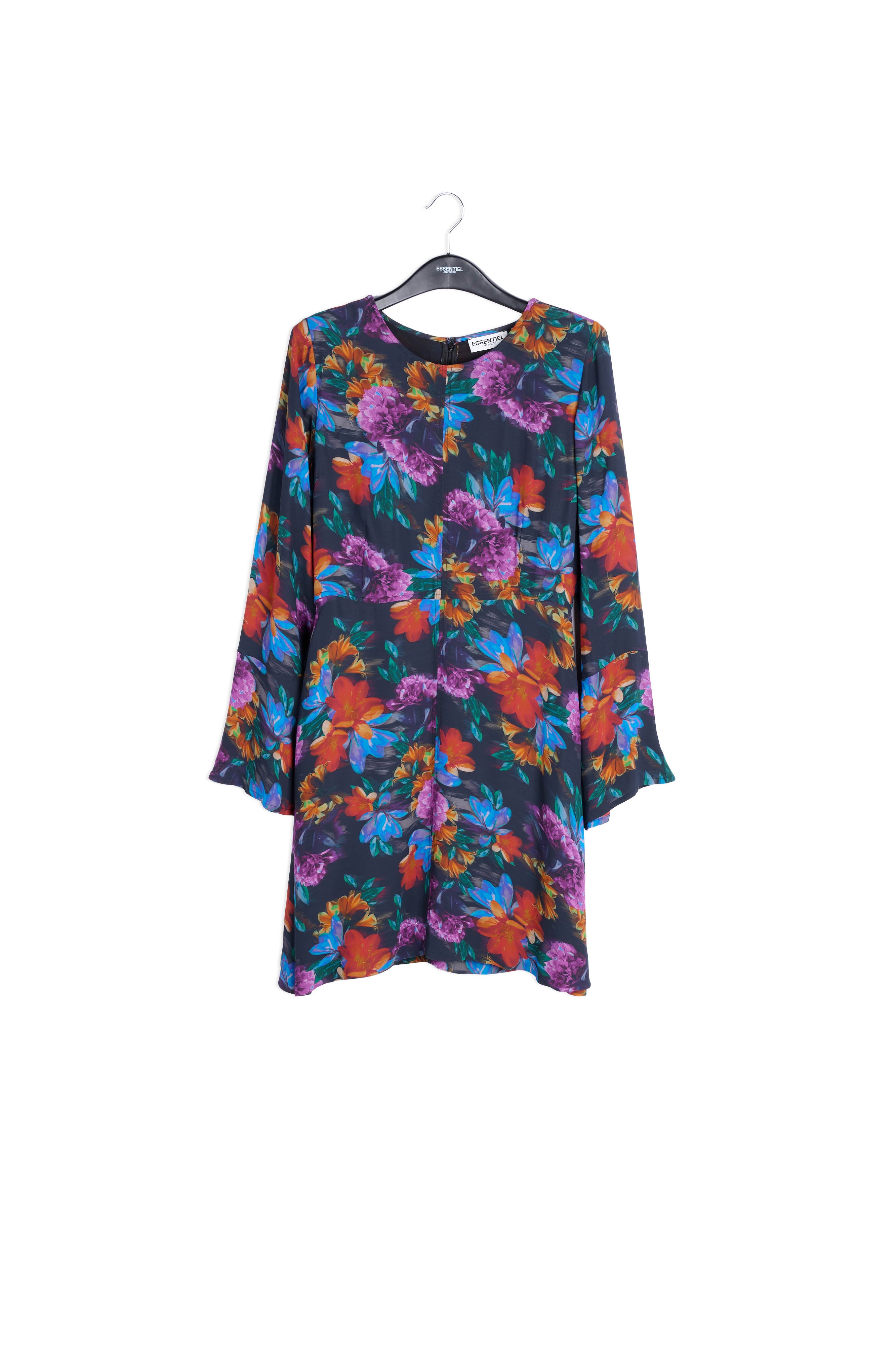 Mini-jurk met antracietgrijze, blauwe en oranje bloemenprint RE—SSENTIEL | Essentiel second hand