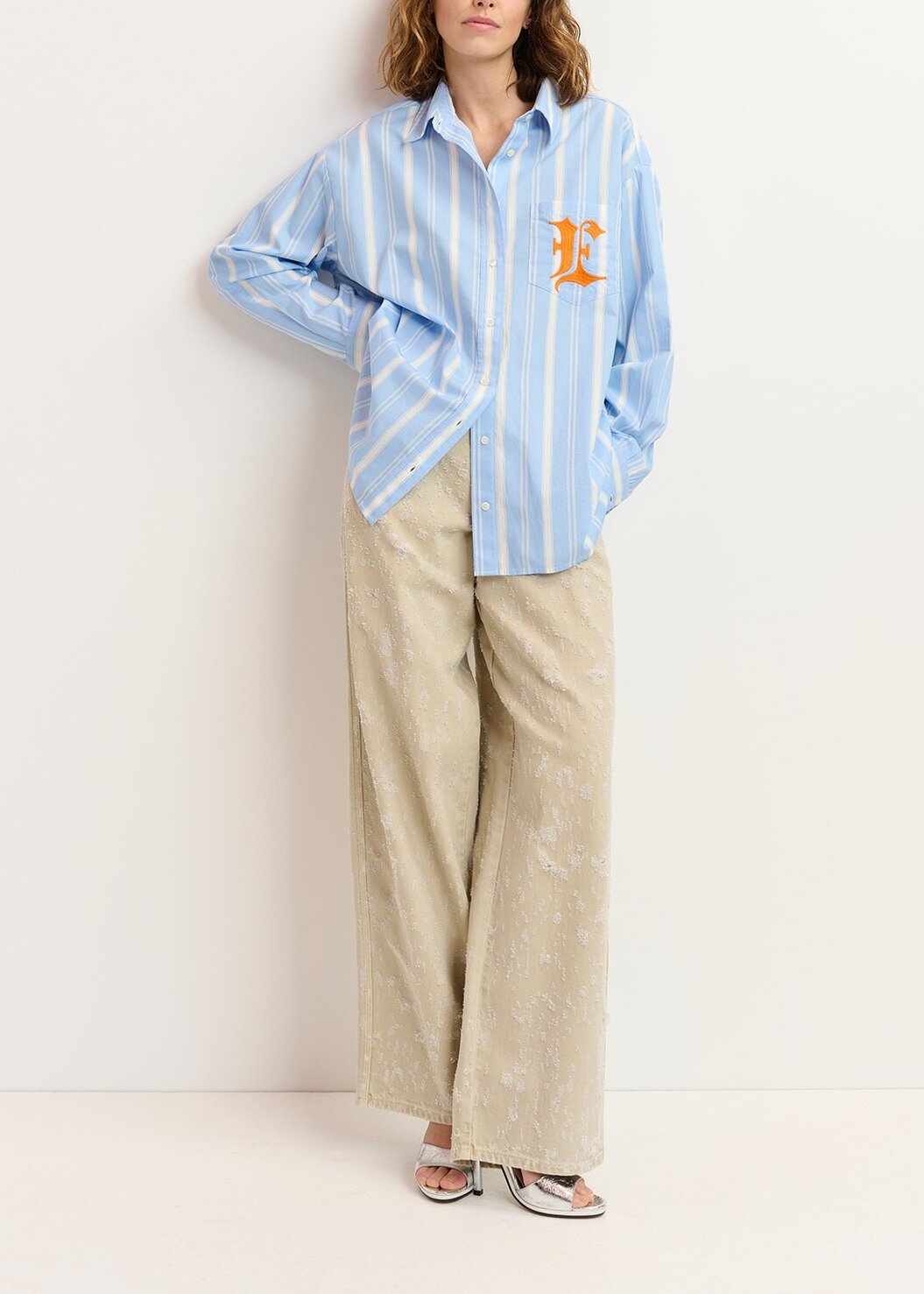 Blue, white and orange striped cotton shirt with 'E' embroidery RE—SSENTIEL | Essentiel second hand