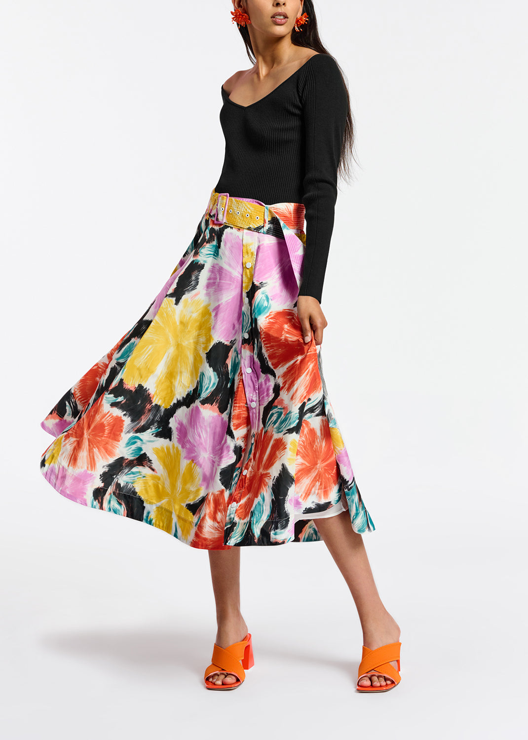 Black, orange and yellow floral print midi-length skirt RE—SSENTIEL | Essentiel second hand