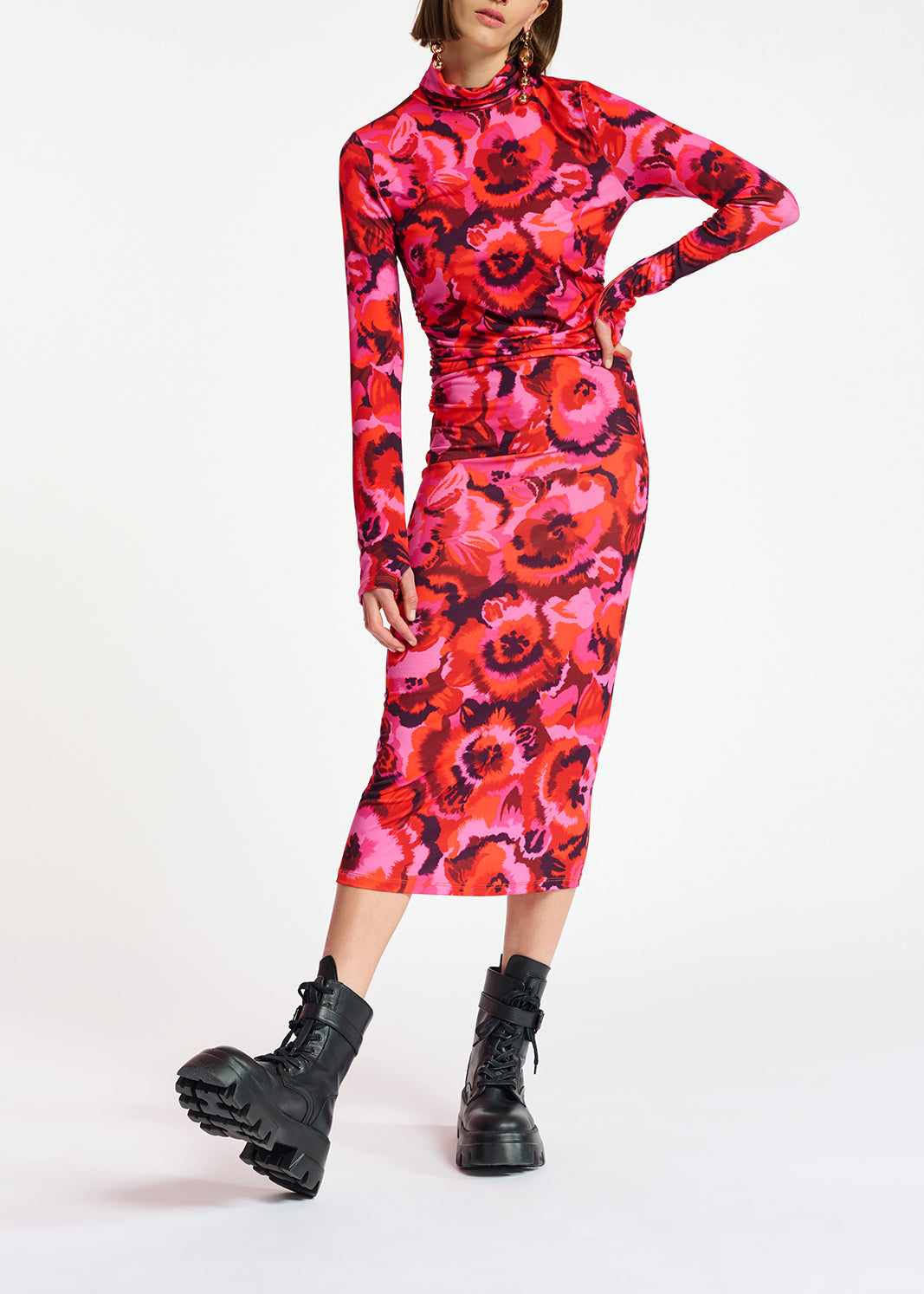 Robe midi en jersey à  imprimé fleuri rose et rouge RE—SSENTIEL | Essentiel second hand