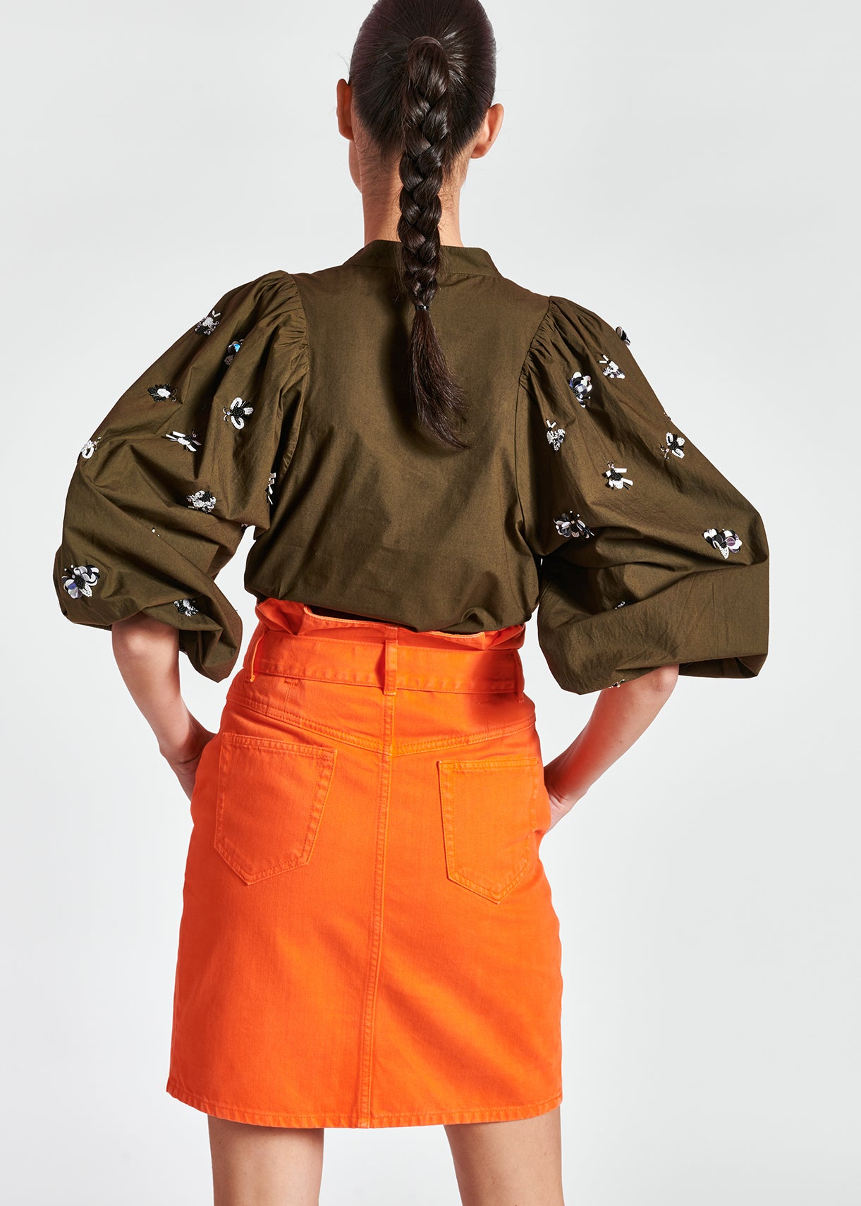 Khaki green cotton-poplin embroidered puffed-sleeve shirt RE—SSENTIEL | Essentiel second hand