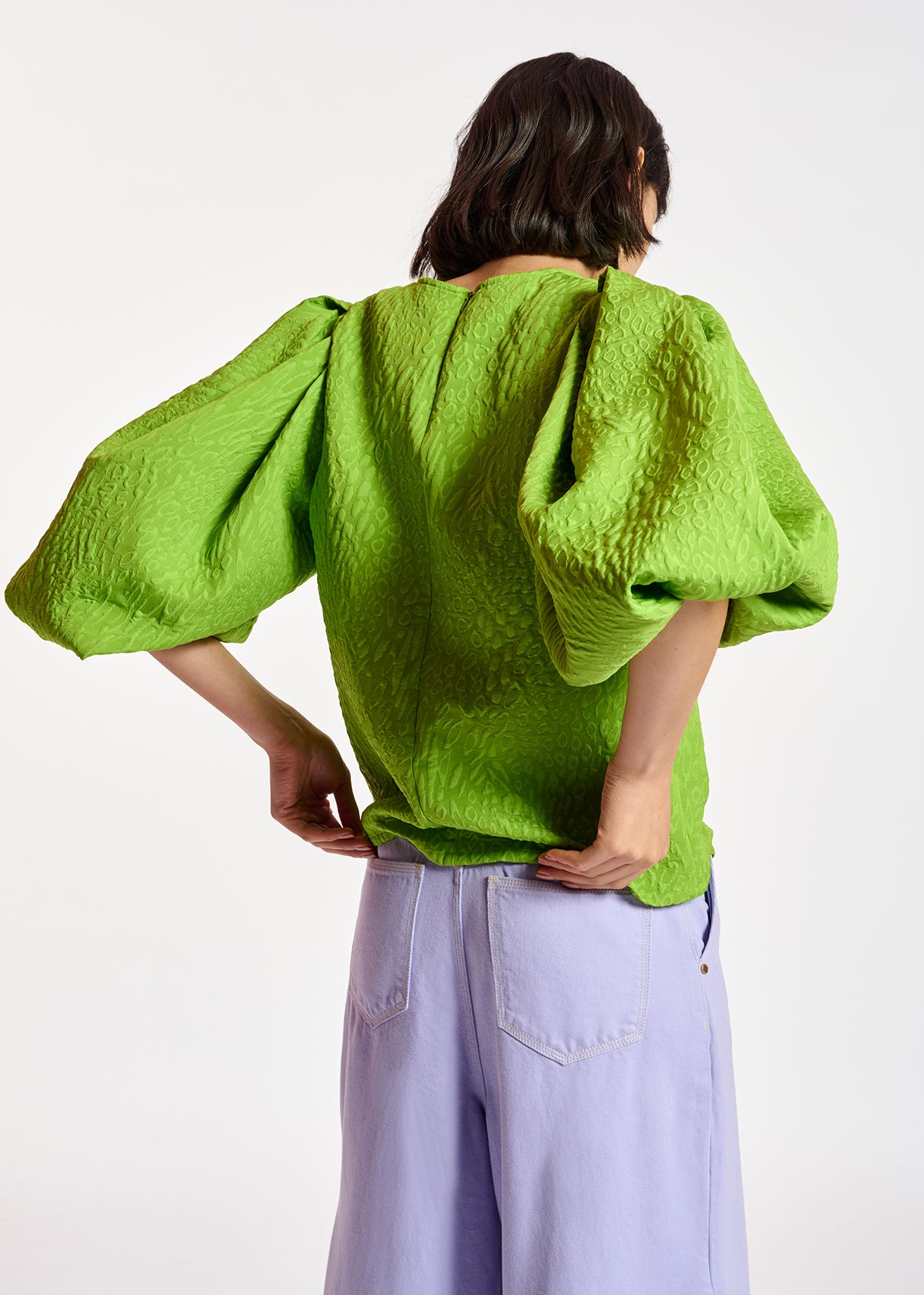 Green jacquard top with puffed sleeves RE—SSENTIEL | Essentiel second hand