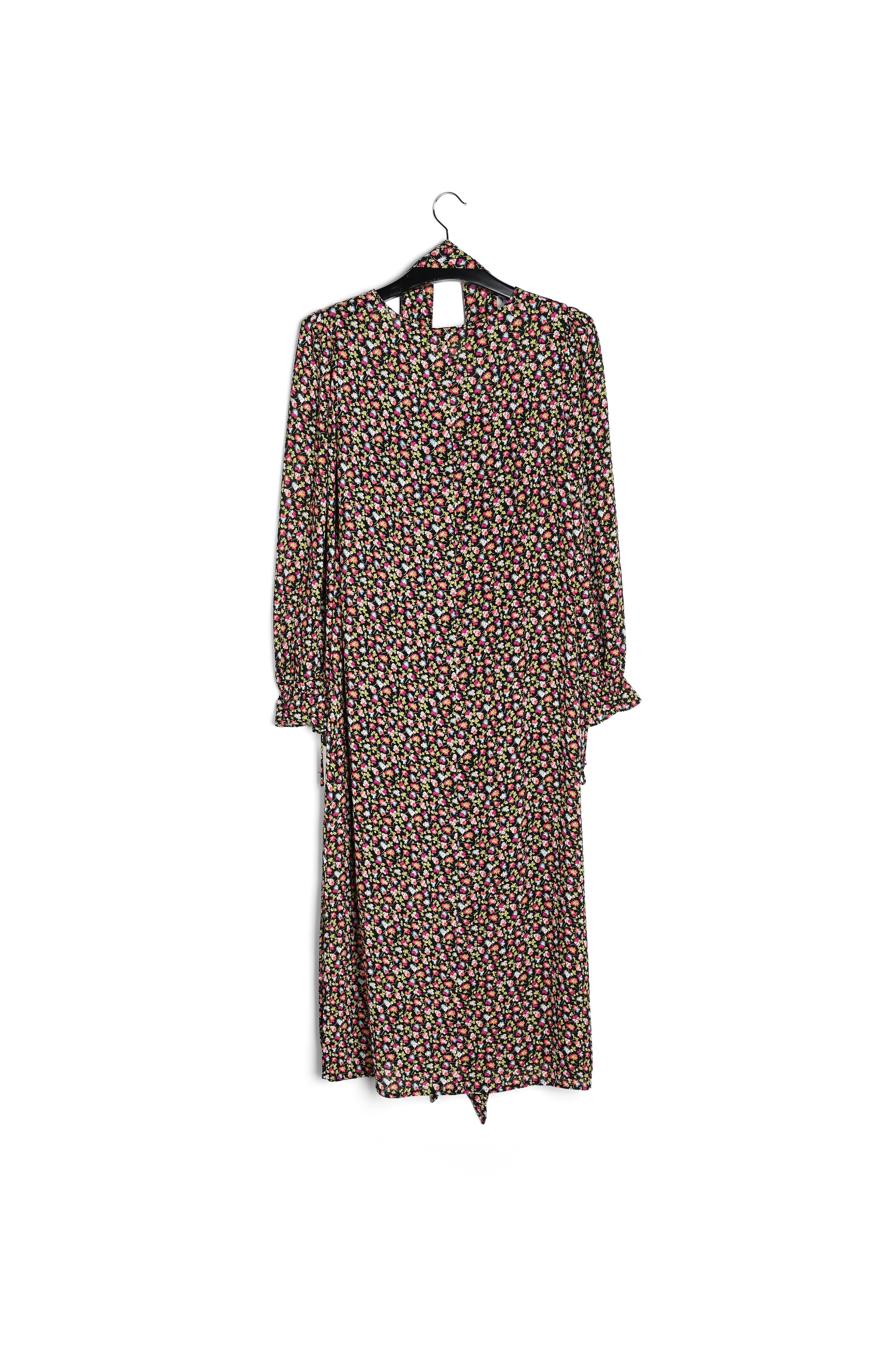 Midi-jurk met riem en zwarte, lichtgroene en fuchsia bloemenprint RE—SSENTIEL | Essentiel second hand