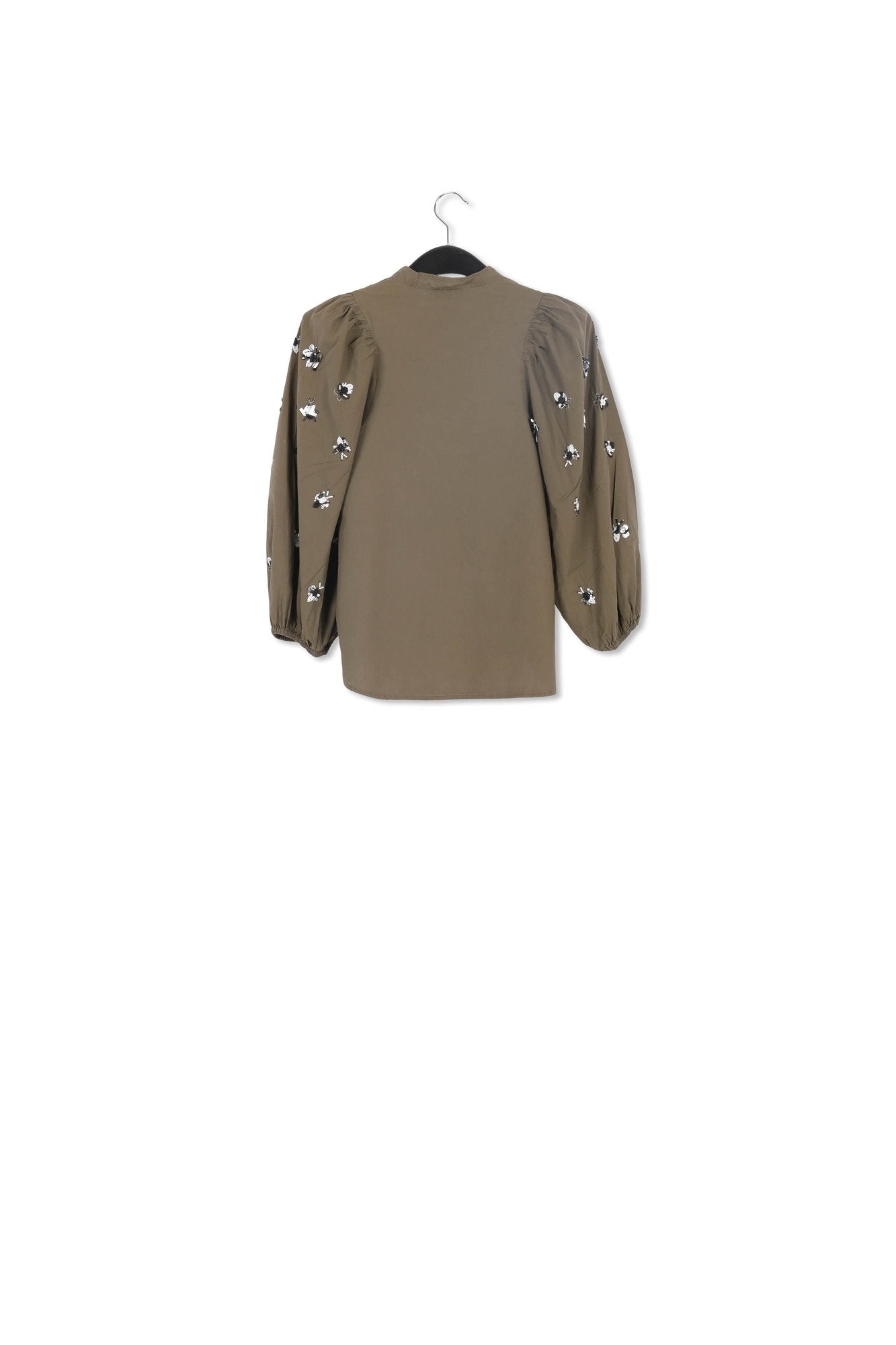 Khaki green cotton-poplin embroidered puffed-sleeve shirt RE—SSENTIEL | Essentiel second hand