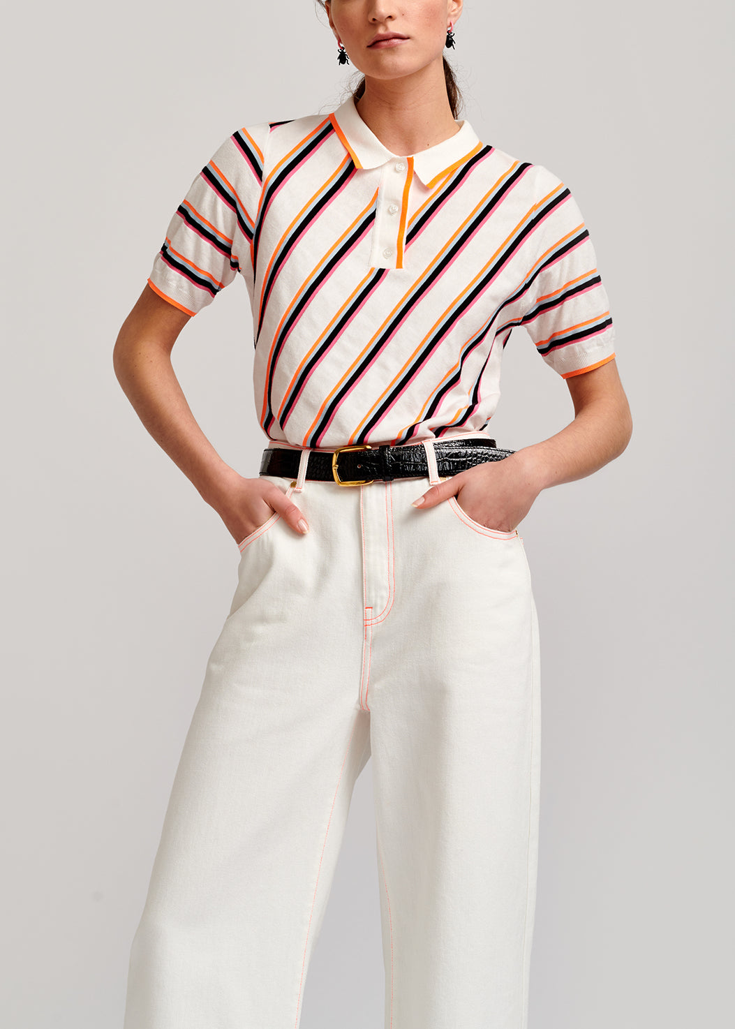 Off-white polo shirt with neon stripes RE—SSENTIEL | Essentiel second hand
