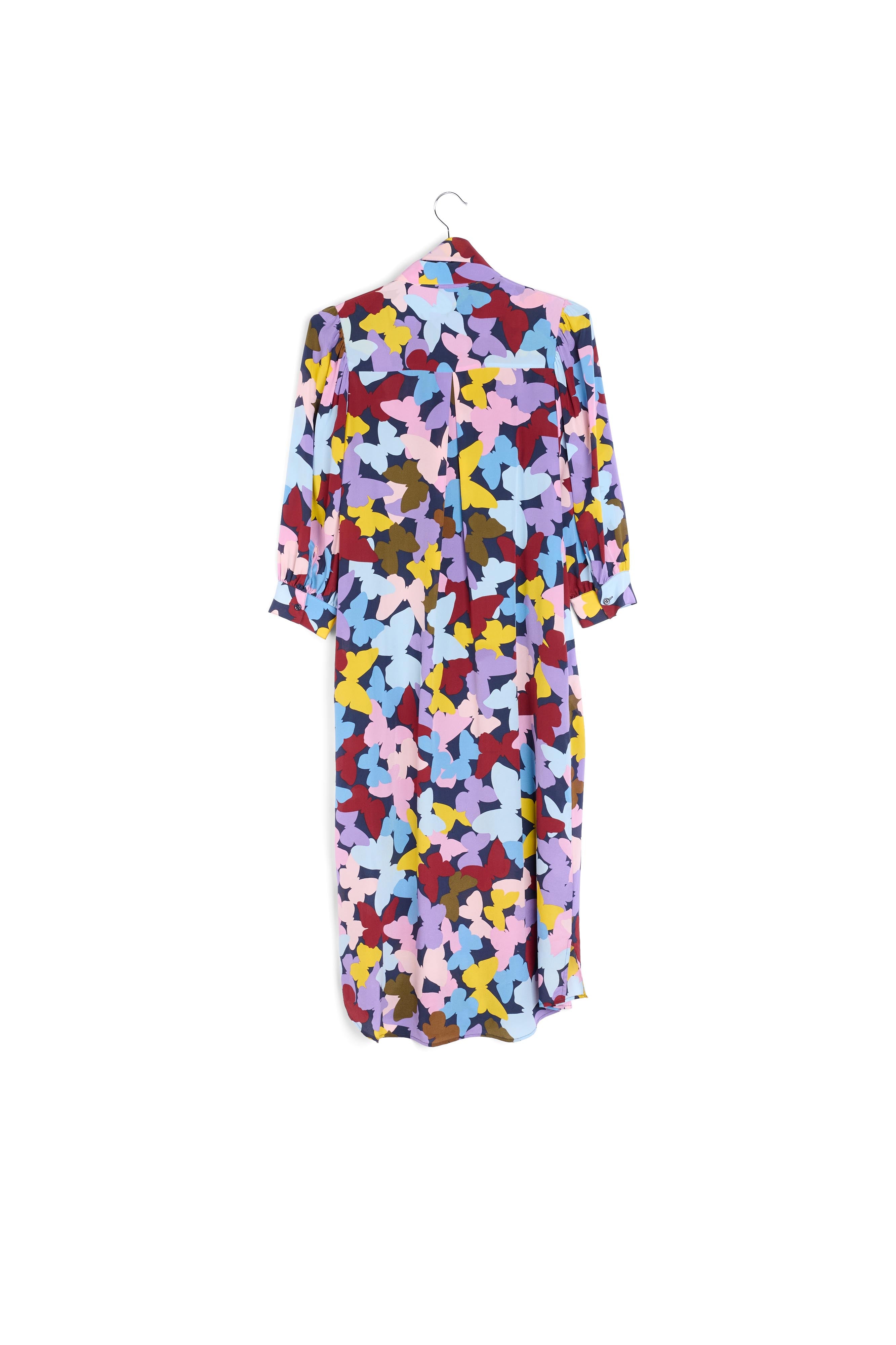 Bordeaux, lila en blauwe zijden midi-jurk met vlinders RE—SSENTIEL | Essentiel second hand