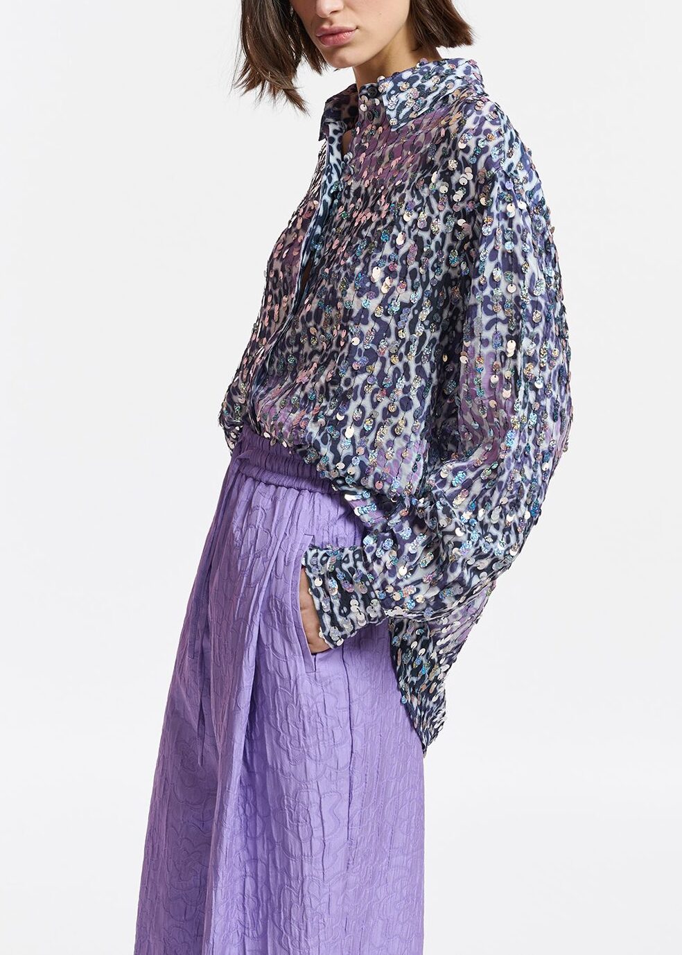 Off-white, lilac and purple leopard-print shirt with sequins RE—SSENTIEL | Essentiel second hand