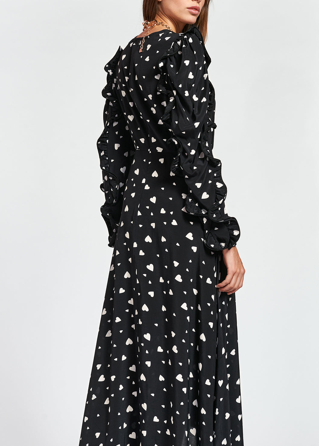 Zwarte maxi-jurk met hartjes en ruches RE—SSENTIEL | Essentiel second hand