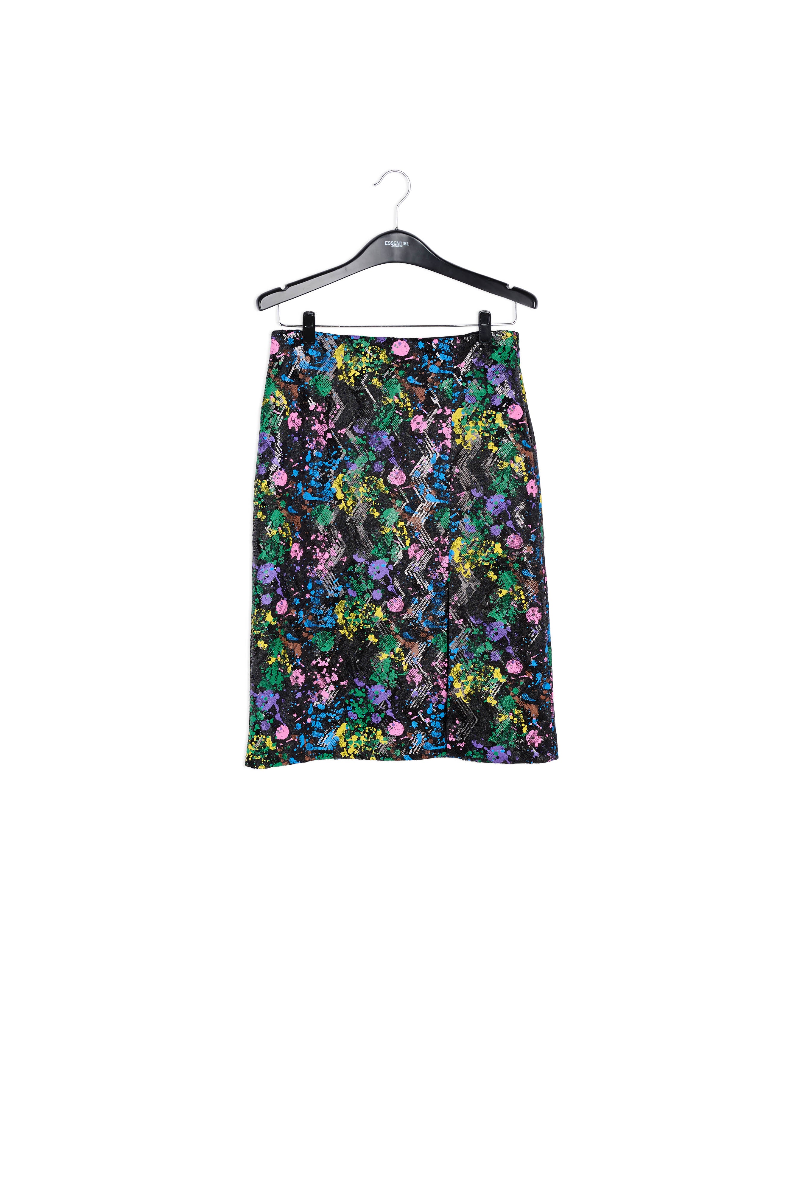 Zwarte kokerrok met spattenmotief en pailletten RE—SSENTIEL | Essentiel second hand