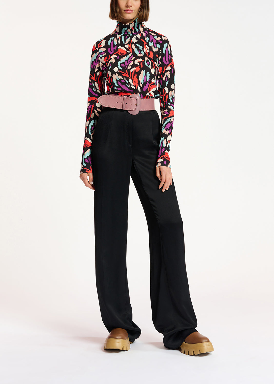 Black, coral red and purple abstract-print turtleneck top RE—SSENTIEL | Essentiel second hand