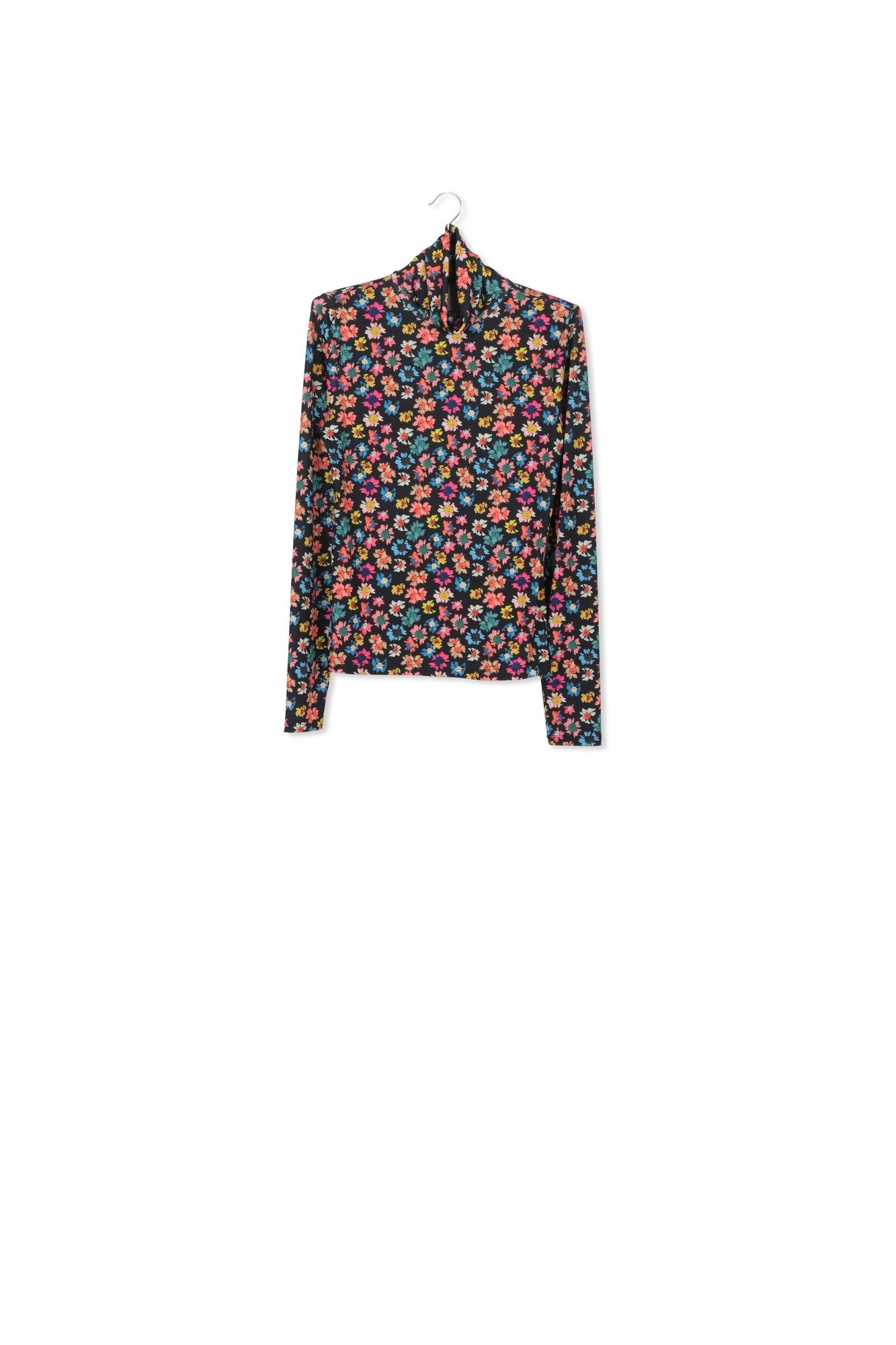 Black turtleneck top with multicolor floral print RE—SSENTIEL | Essentiel second hand